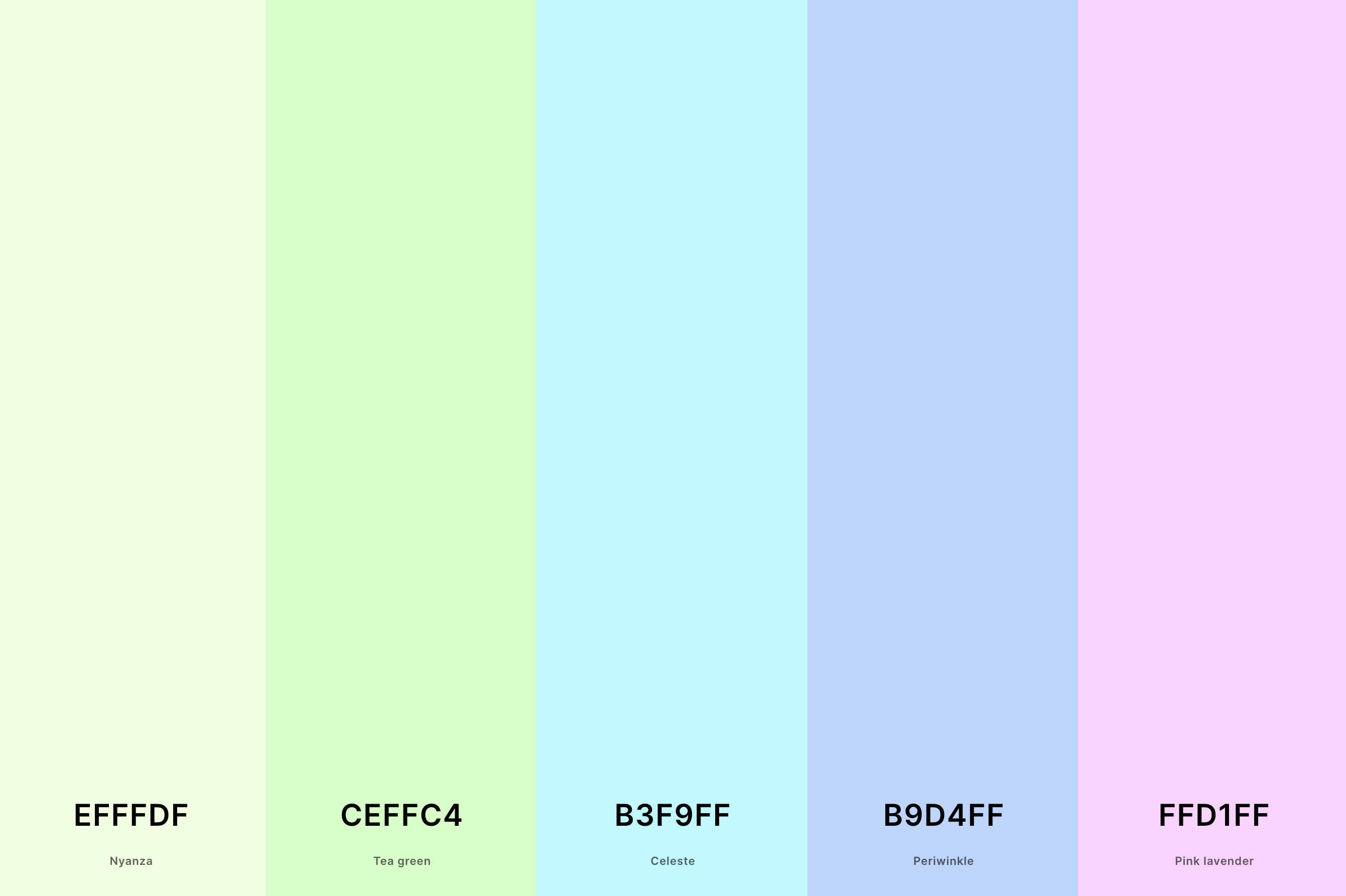 14. Pastel Spring Color Palette Color Palette with Nyanza (Hex #EFFFDF) + Tea Green (Hex #CEFFC4) + Celeste (Hex #B3F9FF) + Periwinkle (Hex #B9D4FF) + Pink Lavender (Hex #FFD1FF) Color Palette with Hex Codes