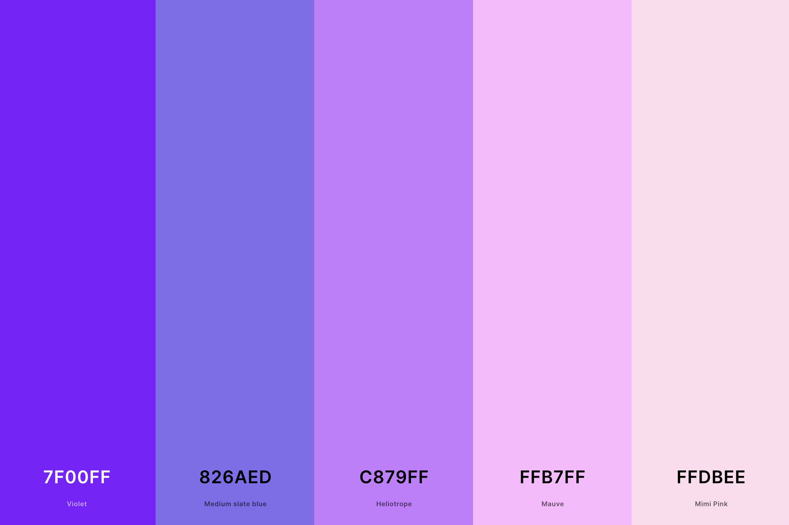 14. Pink And Violet Color Palette Color Palette with Violet (Hex #7F00FF) + Medium Slate Blue (Hex #826AED) + Heliotrope (Hex #C879FF) + Mauve (Hex #FFB7FF) + Mimi Pink (Hex #FFDBEE) Color Palette with Hex Codes