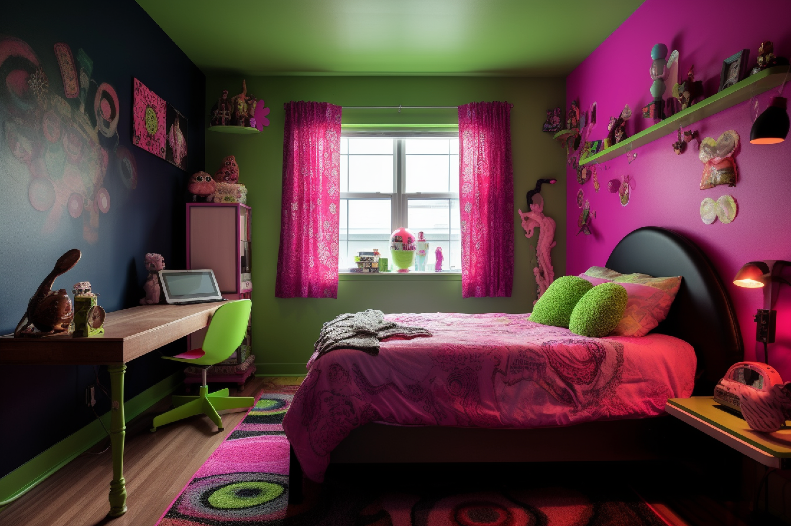 14. Pink, Purple, and Neon Green Scheme. A teen’s bedroom that screams Ready for the next TikTok dance challenge!