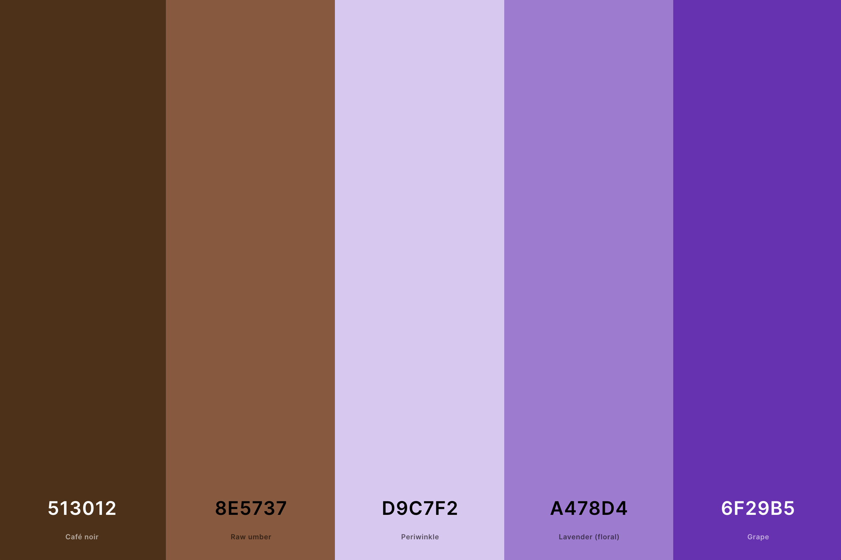 14. Purple And Brown Color Palette Color Palette with Café Noir (Hex #513012) + Raw Umber (Hex #8E5737) + Periwinkle (Hex #D9C7F2) + Lavender (Floral) (Hex #A478D4) + Grape (Hex #6F29B5) Color Palette with Hex Codes
