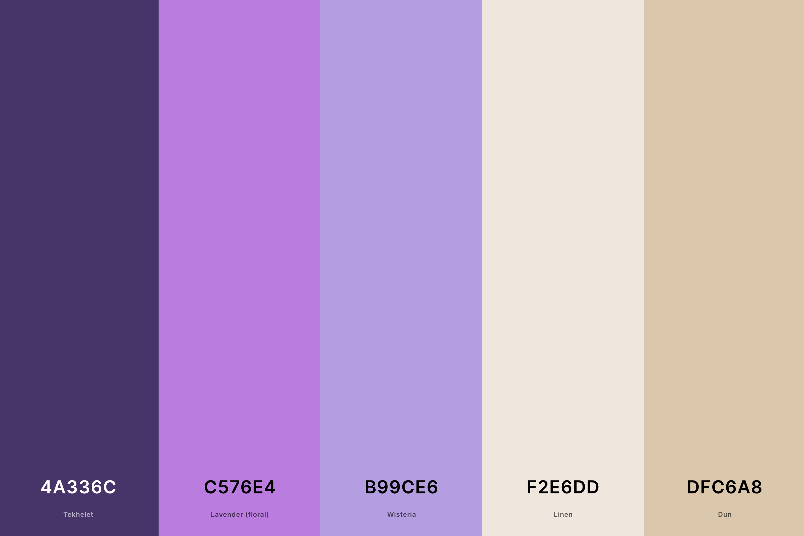14. Purple And Tan Color Palette Color Palette with Tekhelet (Hex #4A336C) + Lavender (Floral) (Hex #C576E4) + Wisteria (Hex #B99CE6) + Linen (Hex #F2E6DD) + Dun (Hex #DFC6A8) Color Palette with Hex Codes