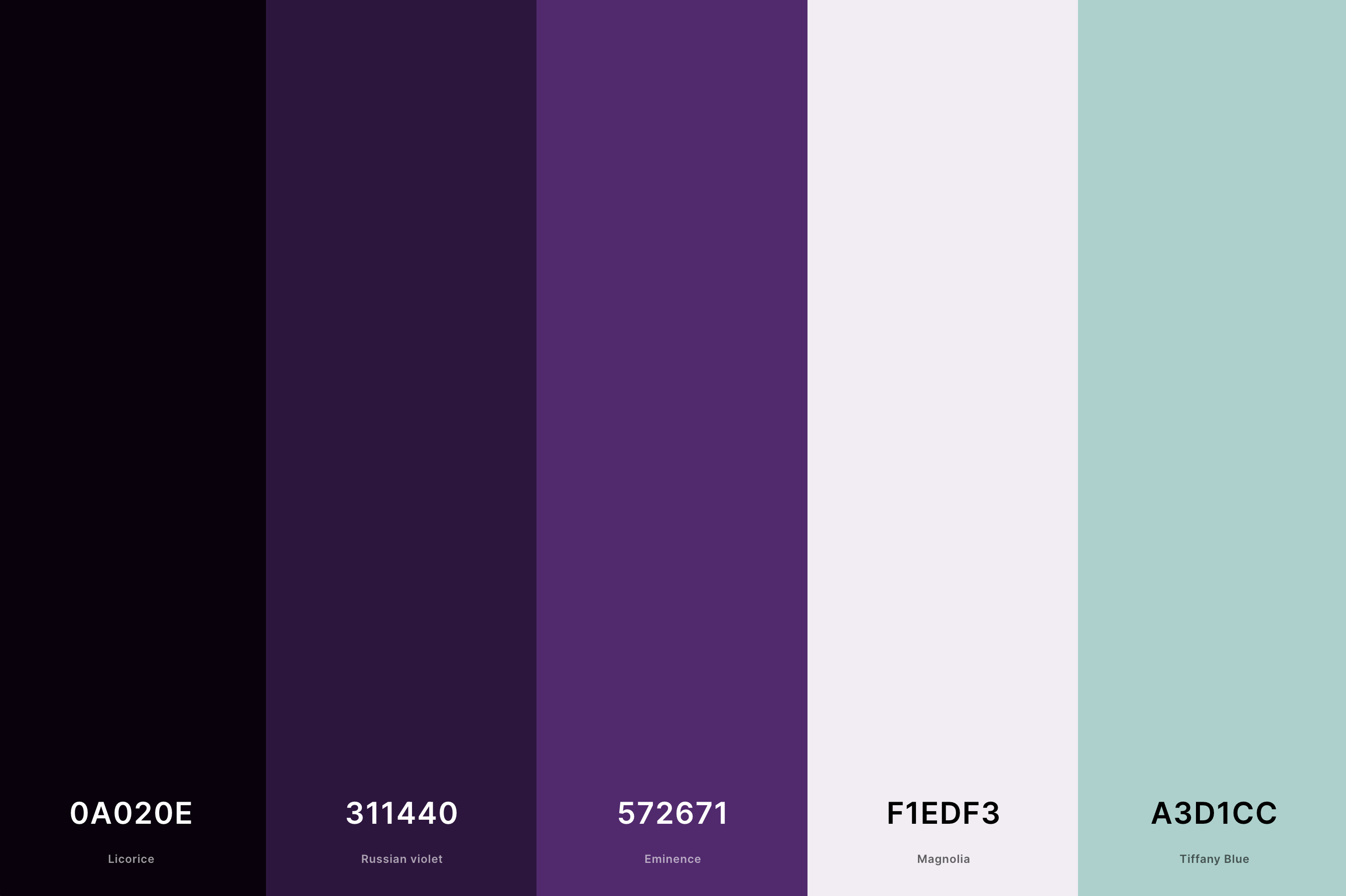 14. Purple, Black And White Color Palette Color Palette with Licorice (Hex #0A020E) + Russian Violet (Hex #311440) + Eminence (Hex #572671) + Magnolia (Hex #F1EDF3) + Tiffany Blue (Hex #A3D1CC) Color Palette with Hex Codes