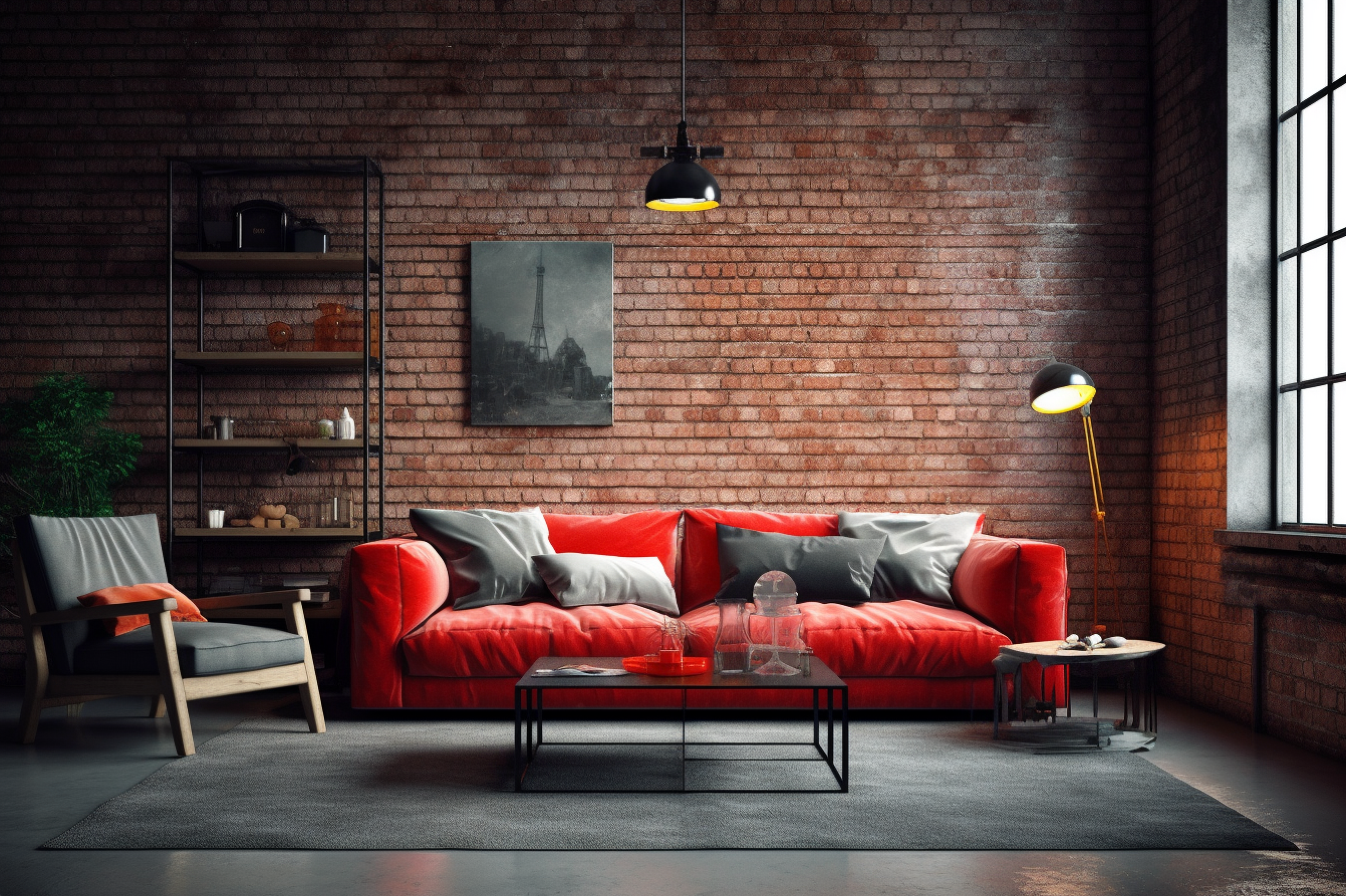 14. Red and Grey Color Scheme - Industrial Living Room