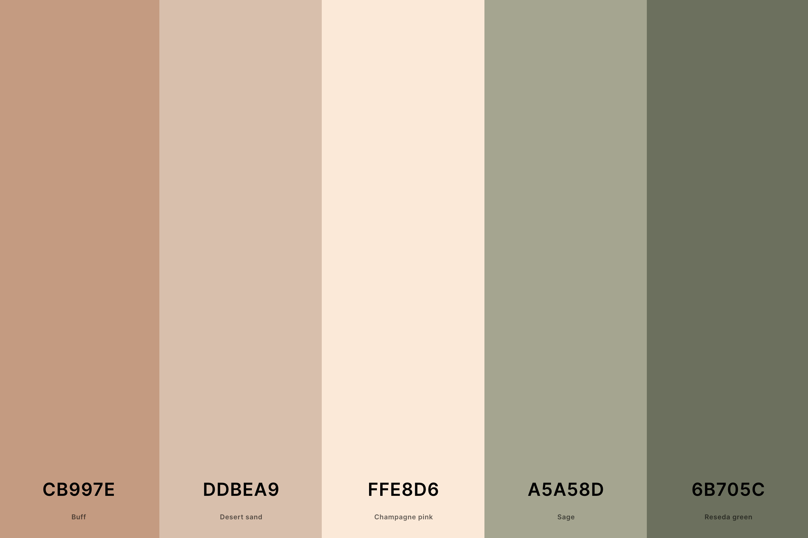 14. Sage Green Aesthetic Color Palette Color Palette with Buff (Hex #CB997E) + Desert Sand (Hex #DDBEA9) + Champagne Pink (Hex #FFE8D6) + Sage (Hex #A5A58D) + Reseda Green (Hex #6B705C) Color Palette with Hex Codes