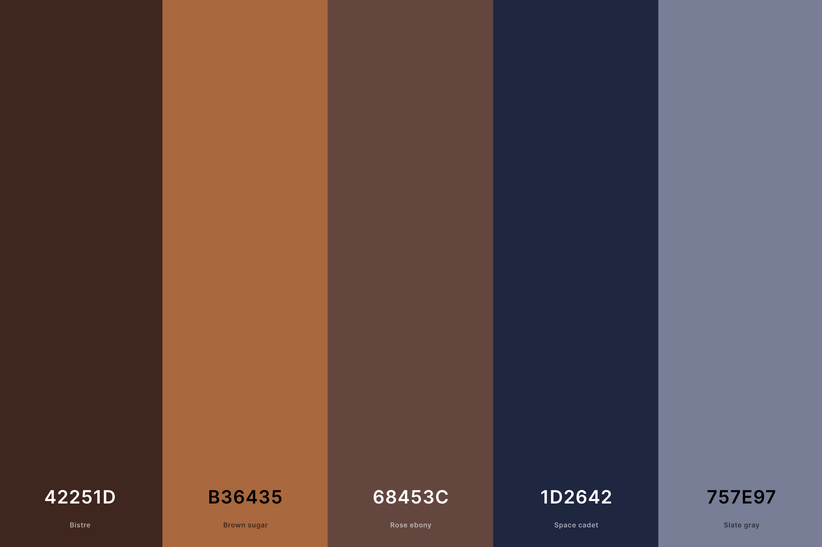 14. Terracotta And Navy Blue Color Palette Color Palette with Bistre (Hex #42251D) + Brown Sugar (Hex #B36435) + Rose Ebony (Hex #68453C) + Space Cadet (Hex #1D2642) + Slate Gray (Hex #757E97) Color Palette with Hex Codes