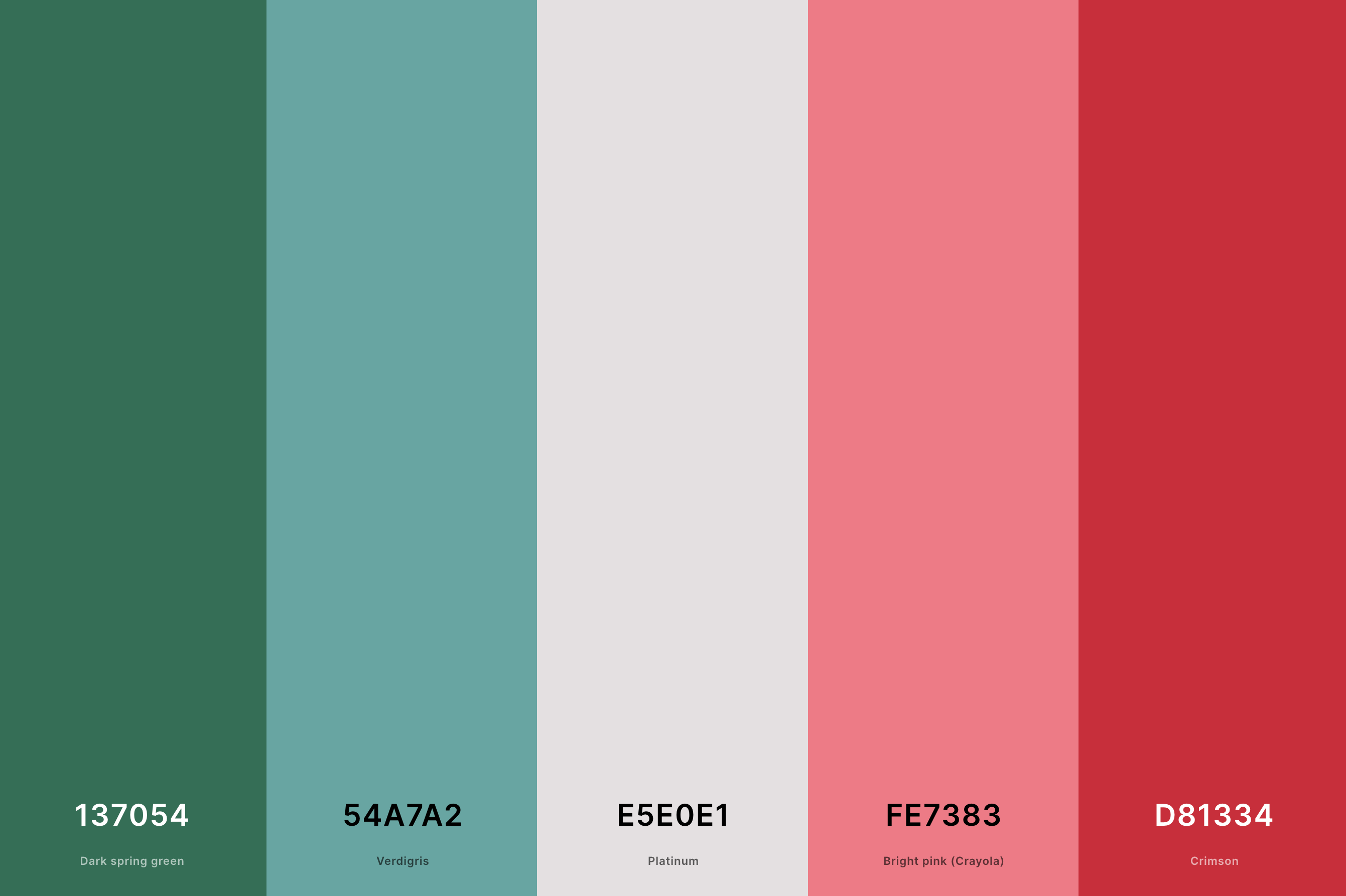 15. Aesthetic Christmas Color Palette Color Palette with Dark Spring Green (Hex #137054) + Verdigris (Hex #54A7A2) + Platinum (Hex #E5E0E1) + Bright Pink (Crayola) (Hex #FE7383) + Crimson (Hex #D81334) Color Palette with Hex Codes