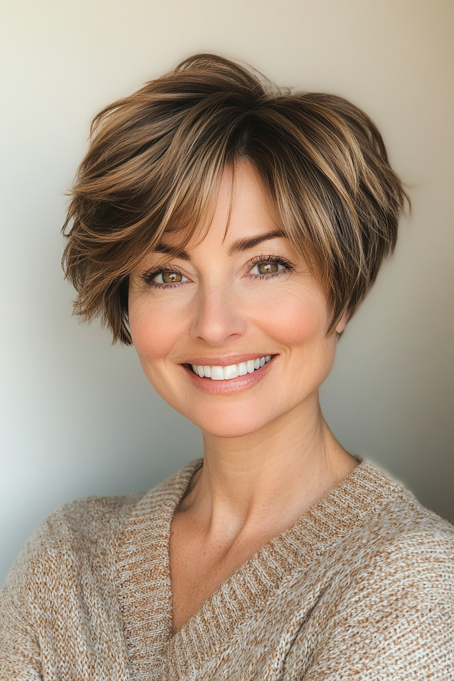 15. Bixie Cut with Warm Caramel Accents (Short Haircuts For Women Over 50 With Thick Hair) - Short Haircuts For Women Over 50 With Thick Hair