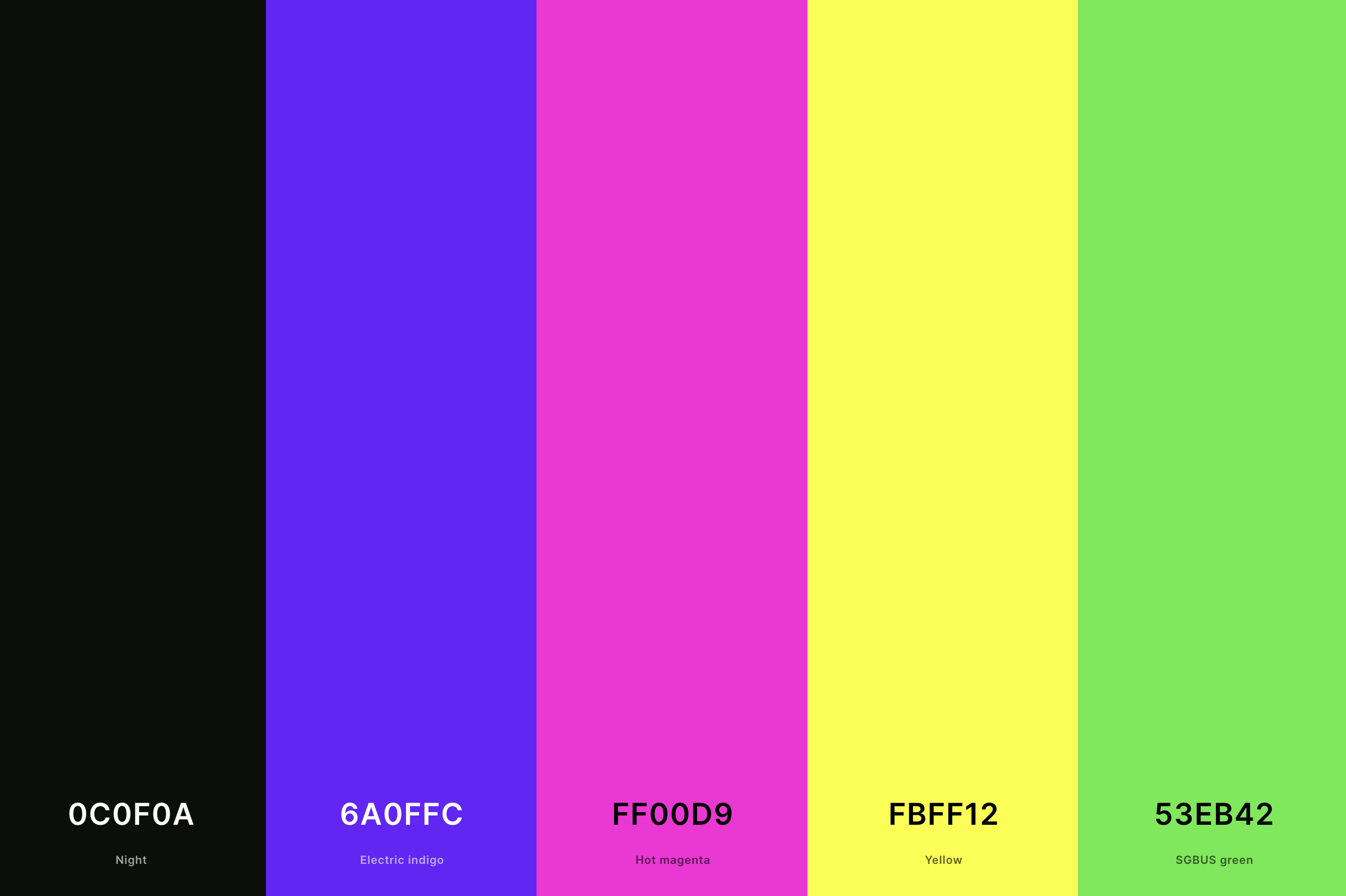 15. Black And Neon Color Palette Color Palette with Night (Hex #0C0F0A) + Electric Indigo (Hex #6A0FFC) + Hot Magenta (Hex #FF00D9) + Yellow (Hex #FBFF12) + Sgbus Green (Hex #53EB42) Color Palette with Hex Codes