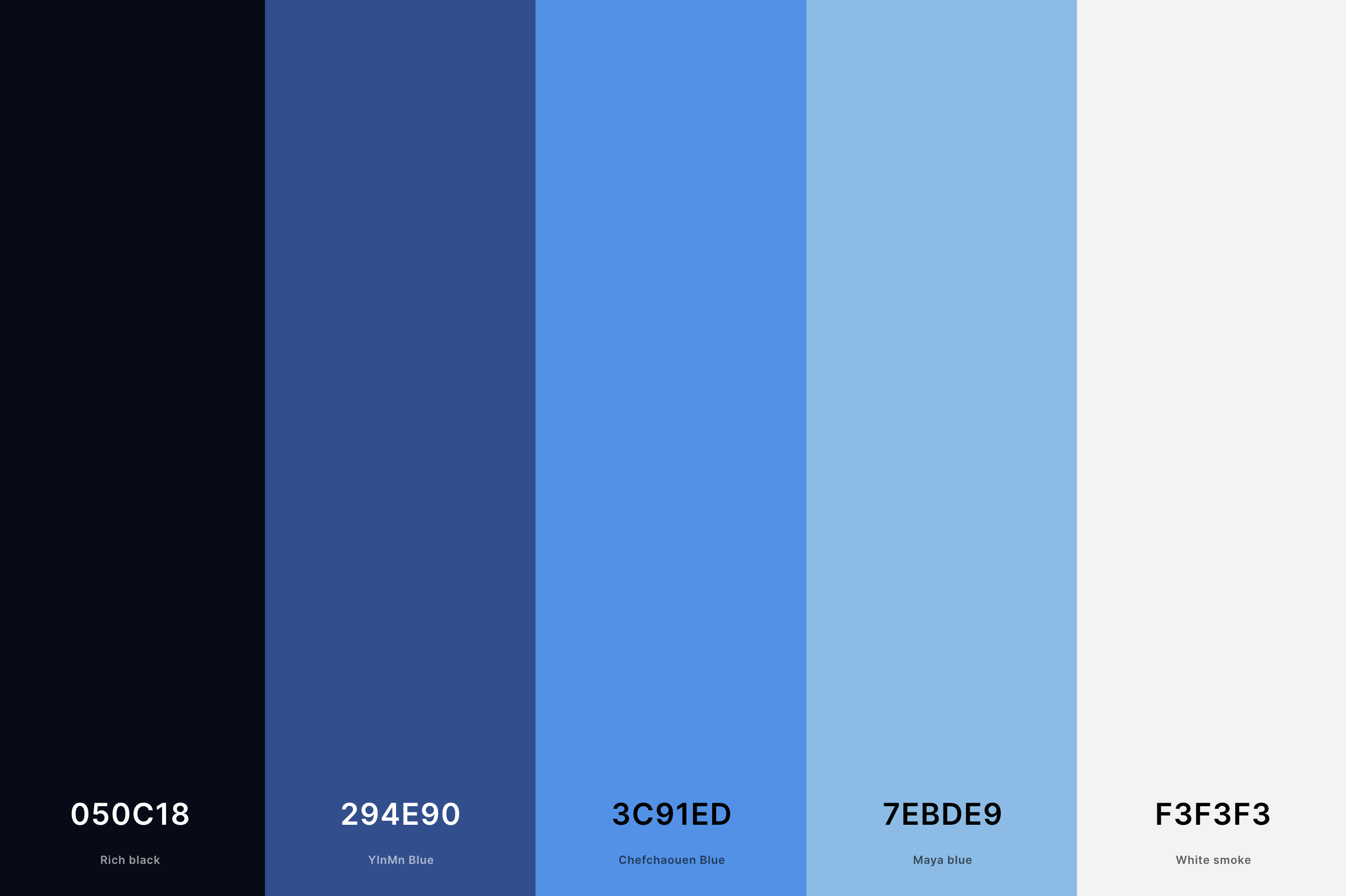 15. Blue, White And Black Color Palette Color Palette with Rich Black (Hex #050C18) + Yinmn Blue (Hex #294E90) + Chefchaouen Blue (Hex #3C91ED) + Maya Blue (Hex #7EBDE9) + White Smoke (Hex #F3F3F3) Color Palette with Hex Codes