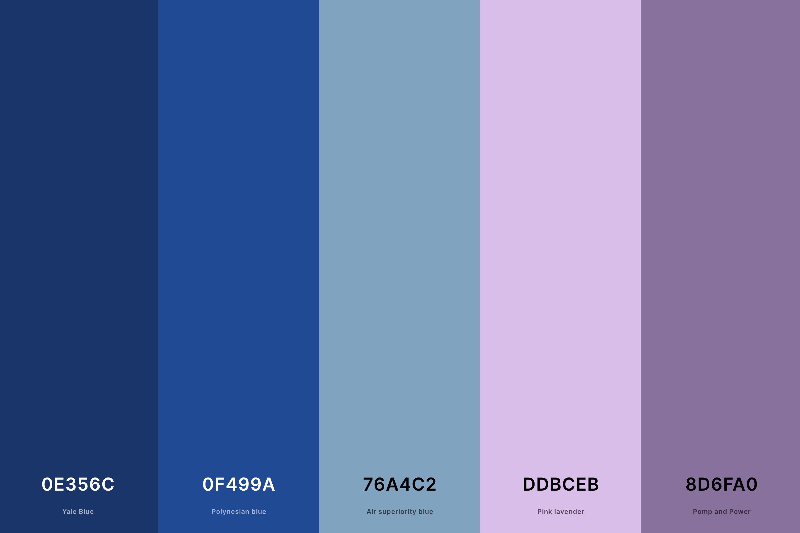 15. Cobalt Blue And Lavender Color Palette Color Palette with Yale Blue (Hex #0E356C) + Polynesian Blue (Hex #0F499A) + Air Superiority Blue (Hex #76A4C2) + Pink Lavender (Hex #DDBCEB) + Pomp And Power (Hex #8D6FA0) Color Palette with Hex Codes