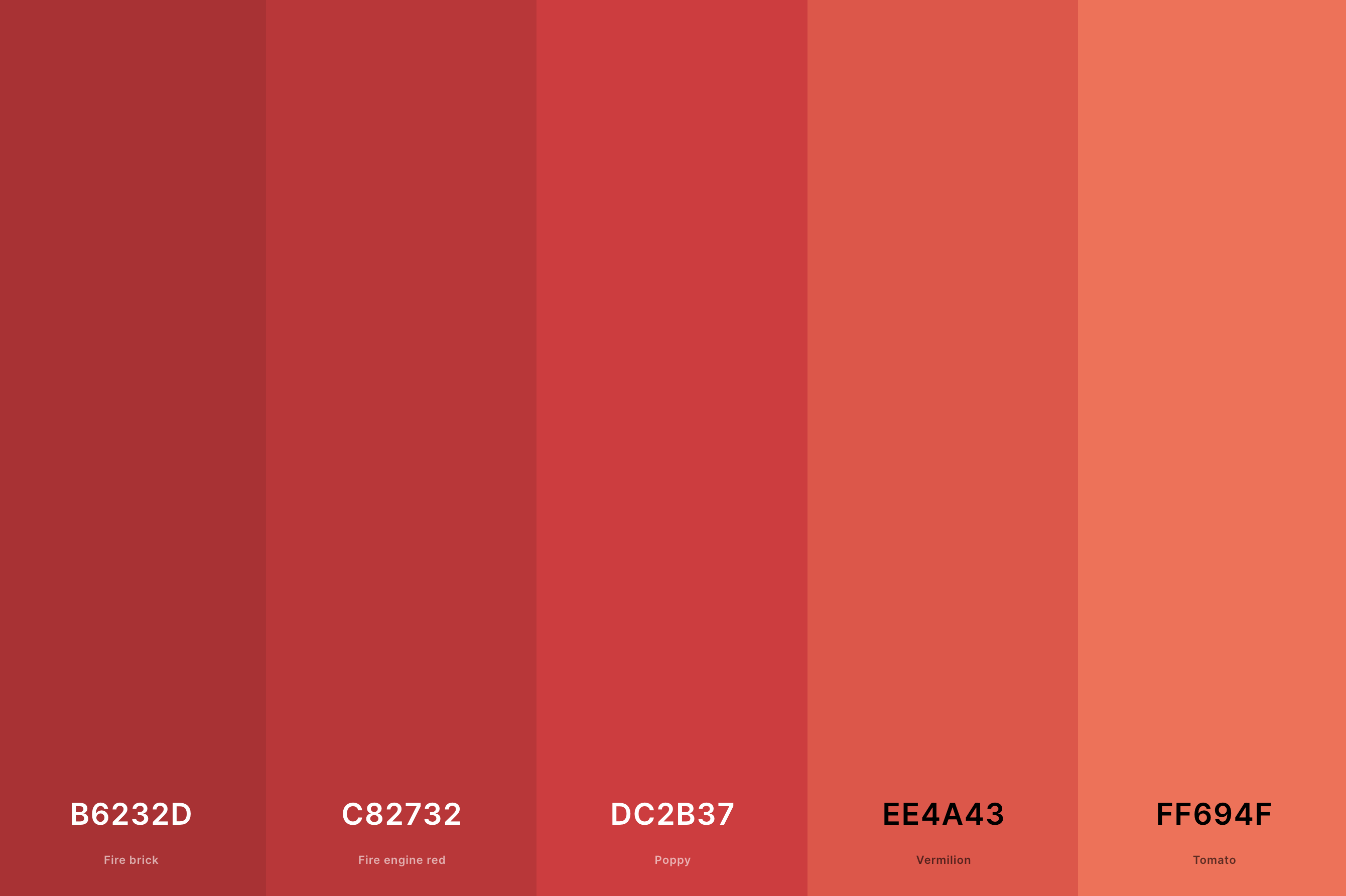 15. Coral And Red Color Palette Color Palette with Fire Brick (Hex #B6232D) + Fire Engine Red (Hex #C82732) + Poppy (Hex #DC2B37) + Vermilion (Hex #EE4A43) + Tomato (Hex #FF694F) Color Palette with Hex Codes