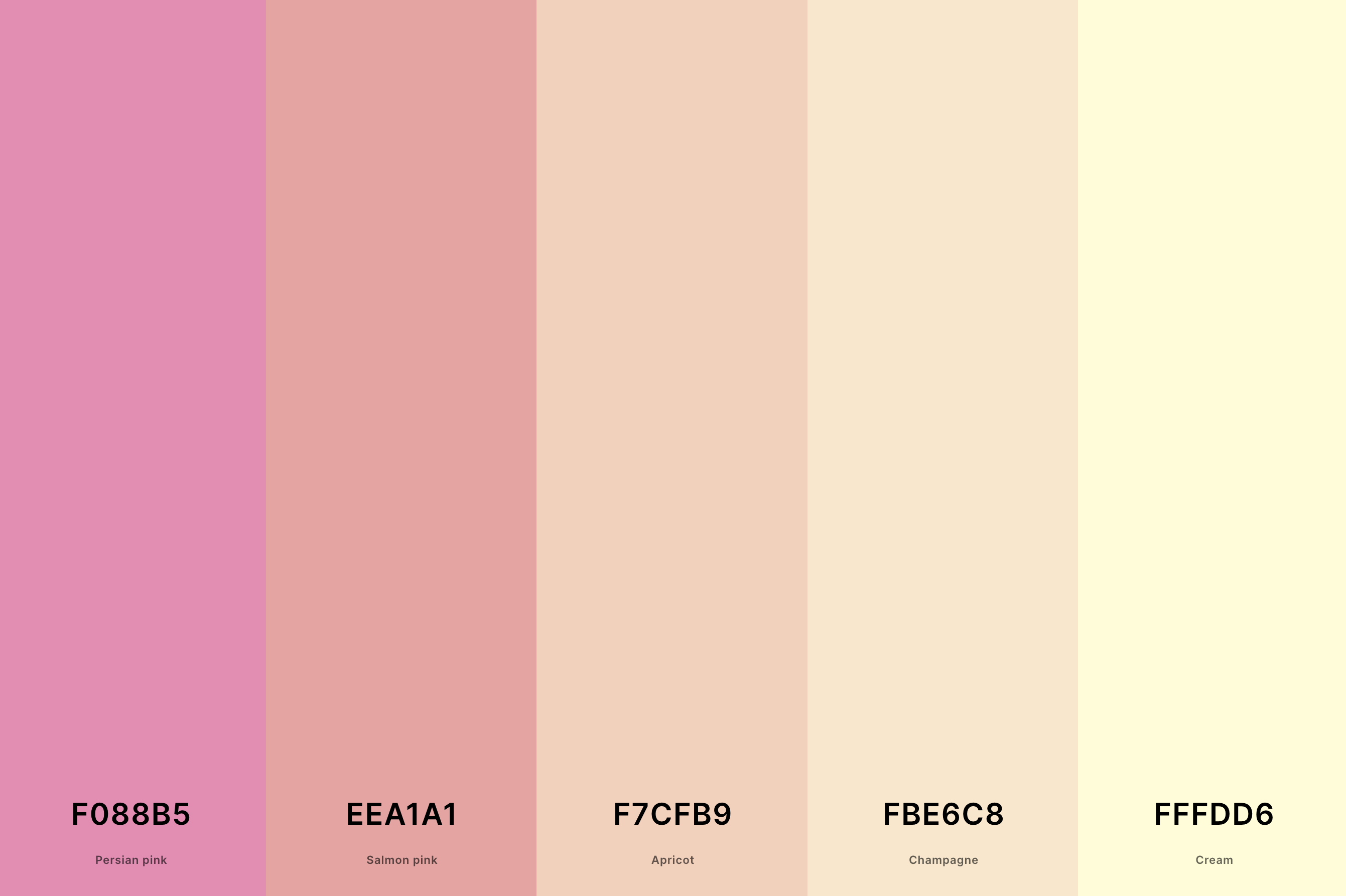 15. Cream And Pink Color Palette Color Palette with Persian Pink (Hex #F088B5) + Salmon Pink (Hex #EEA1A1) + Apricot (Hex #F7CFB9) + Champagne (Hex #FBE6C8) + Cream (Hex #FFFDD6) Color Palette with Hex Codes