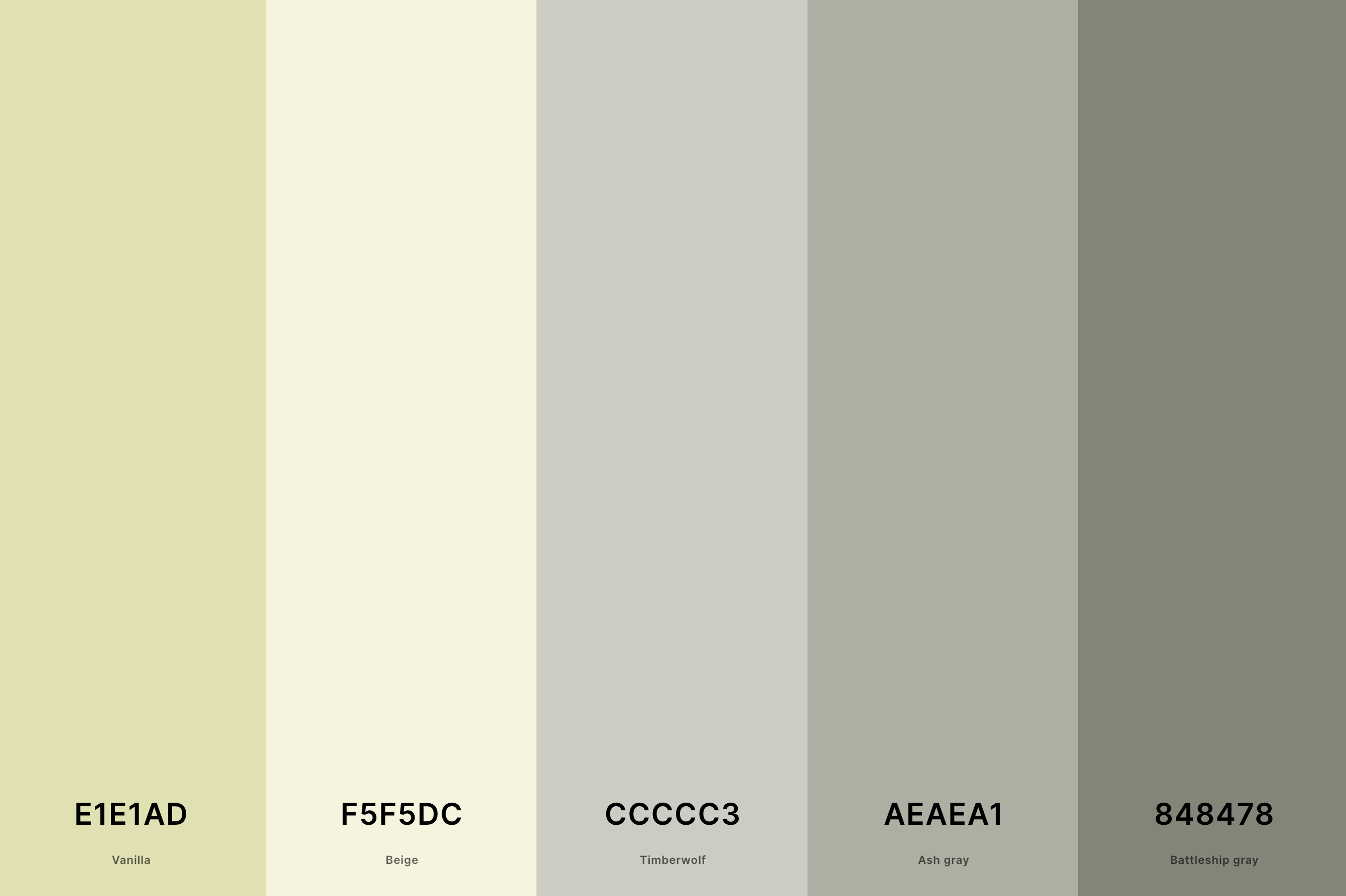 15. Gray And Beige Color Palette Color Palette with Vanilla (Hex #E1E1AD) + Beige (Hex #F5F5DC) + Timberwolf (Hex #CCCCC3) + Ash Gray (Hex #AEAEA1) + Battleship Gray (Hex #848478) Color Palette with Hex Codes