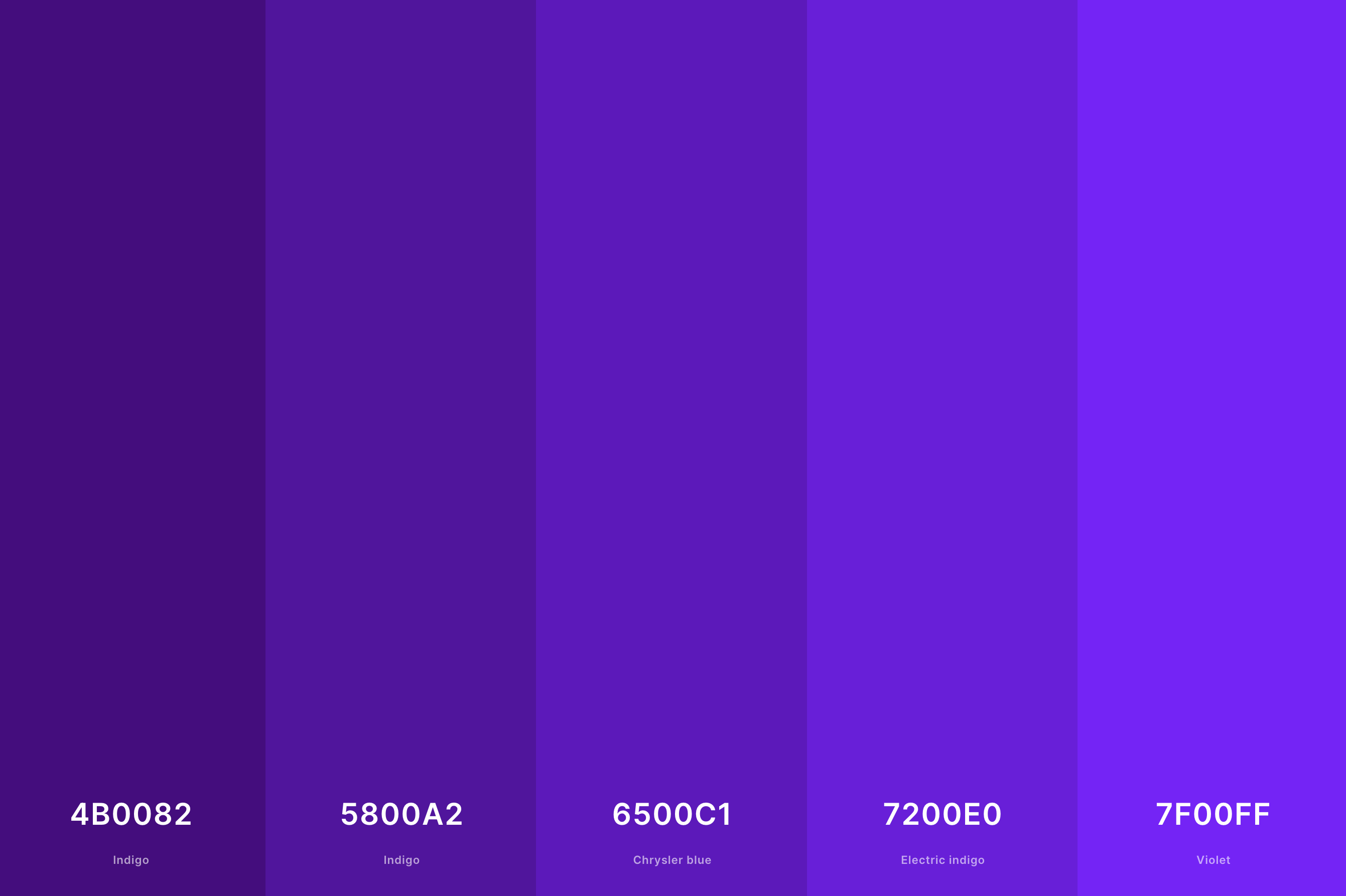 15. Indigo And Violet Color Palette Color Palette with Indigo (Hex #4B0082) + Indigo (Hex #5800A2) + Chrysler Blue (Hex #6500C1) + Electric Indigo (Hex #7200E0) + Violet (Hex #7F00FF) Color Palette with Hex Codes