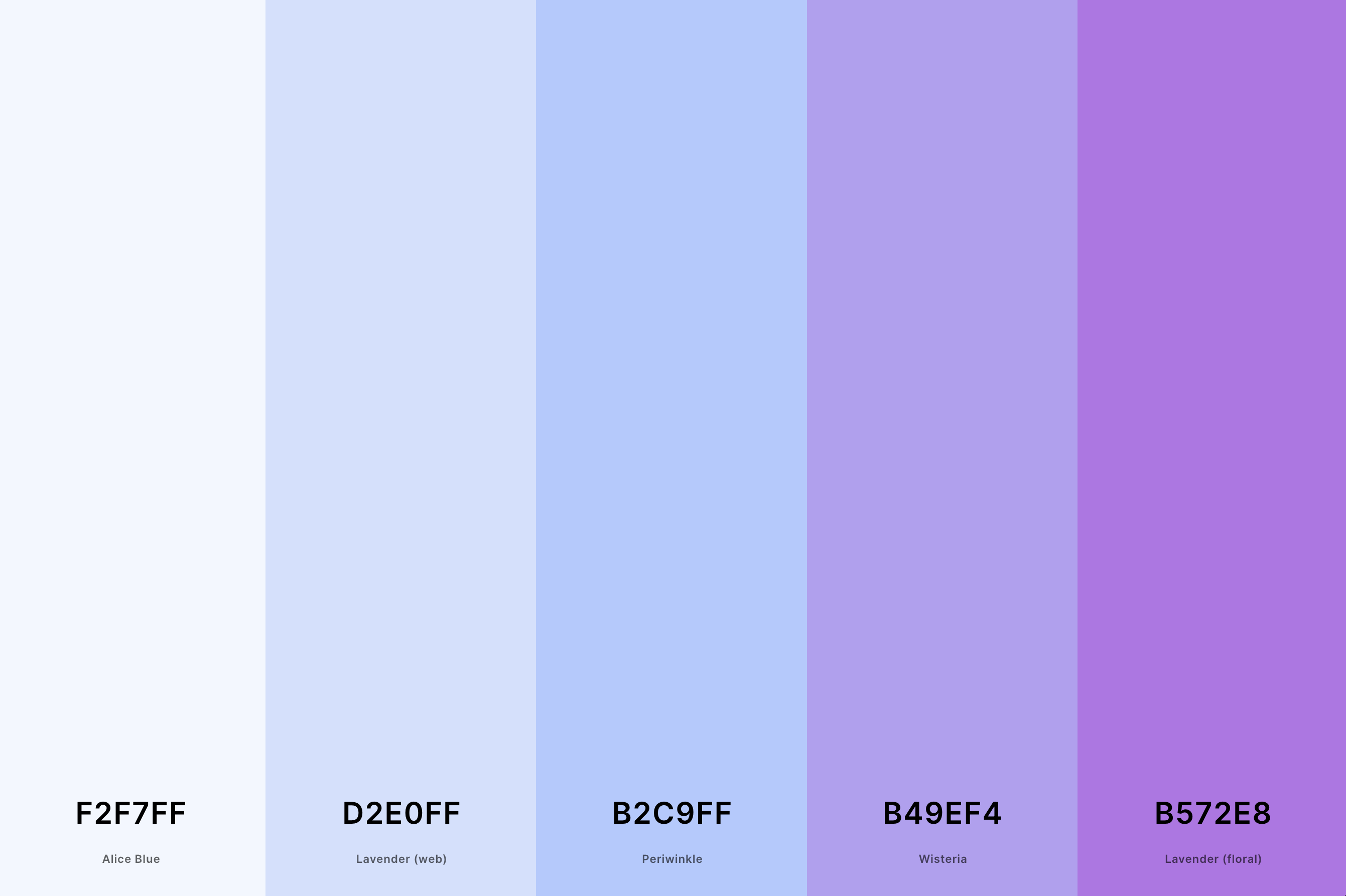 15. Light Blue And Purple Color Palette Color Palette with Alice Blue (Hex #F2F7FF) + Lavender (Web) (Hex #D2E0FF) + Periwinkle (Hex #B2C9FF) + Wisteria (Hex #B49EF4) + Lavender (Floral) (Hex #B572E8) Color Palette with Hex Codes