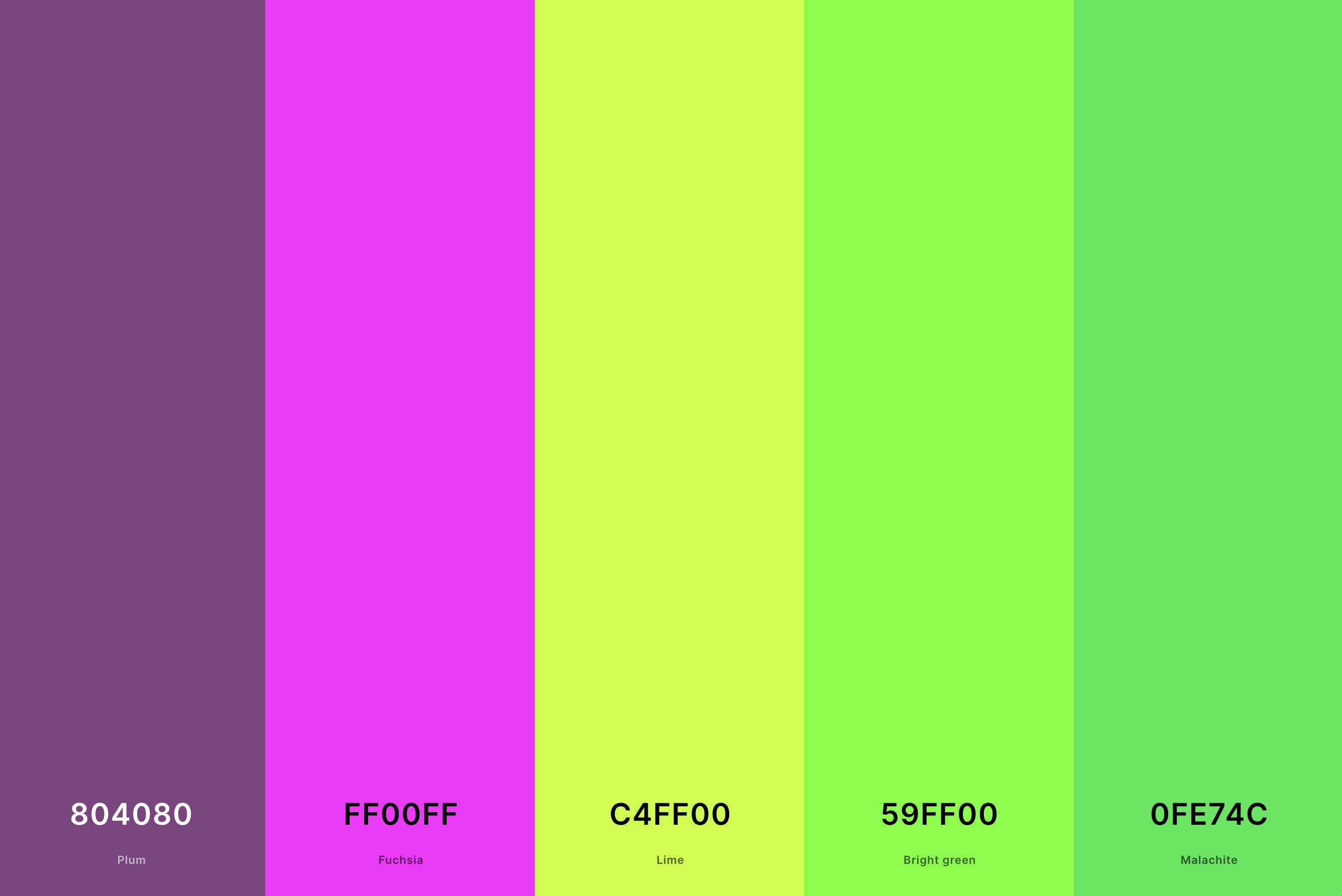 15. Magenta And Green Color Palette Color Palette with Plum (Hex #804080) + Magenta (Hex #FF00FF) + Lime (Hex #C4FF00) + Bright Green (Hex #59FF00) + Malachite (Hex #0FE74C) Color Palette with Hex Codes