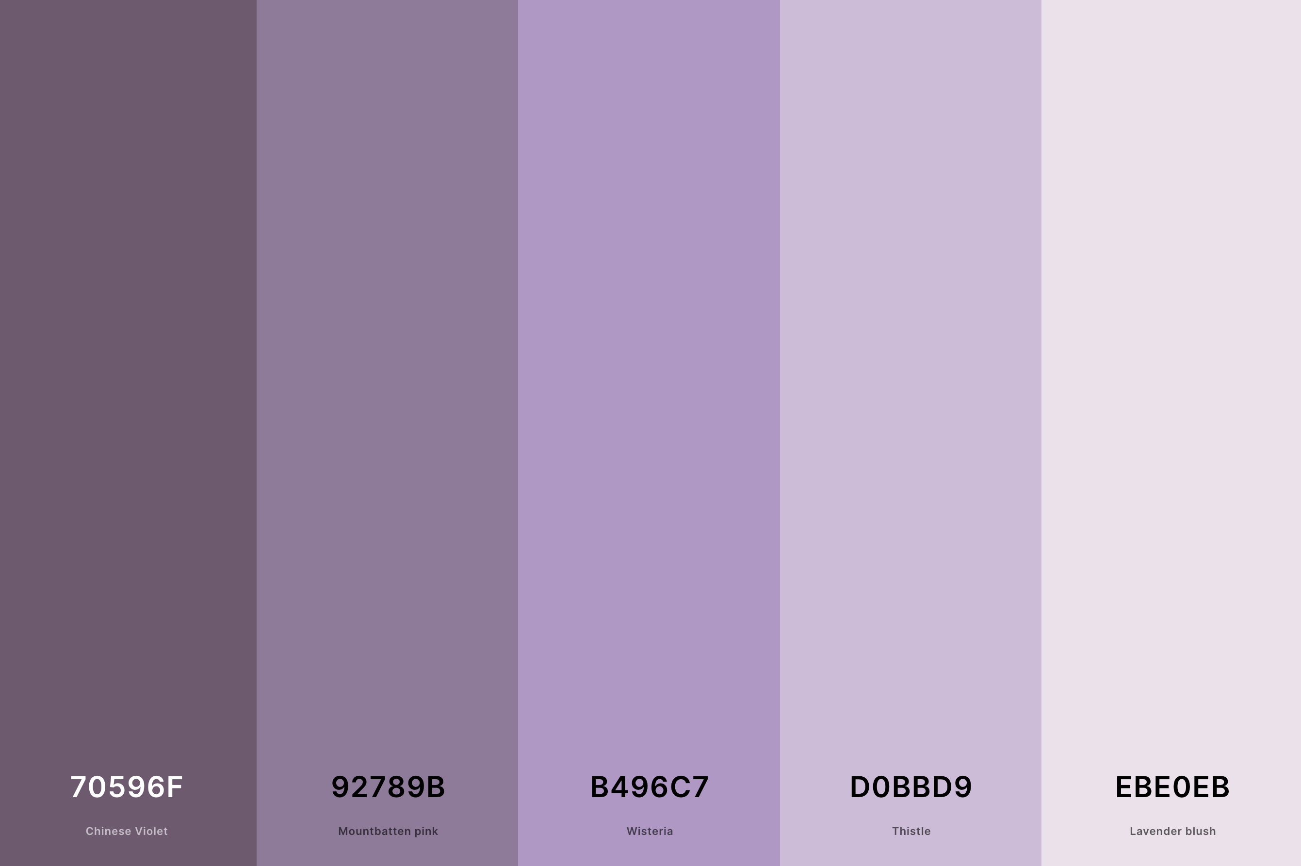 15. Muted Mauve Color Palette Color Palette with Chinese Violet (Hex #70596F) + Mountbatten Pink (Hex #92789B) + Wisteria (Hex #B496C7) + Thistle (Hex #D0BBD9) + Lavender Blush (Hex #EBE0EB) Color Palette with Hex Codes