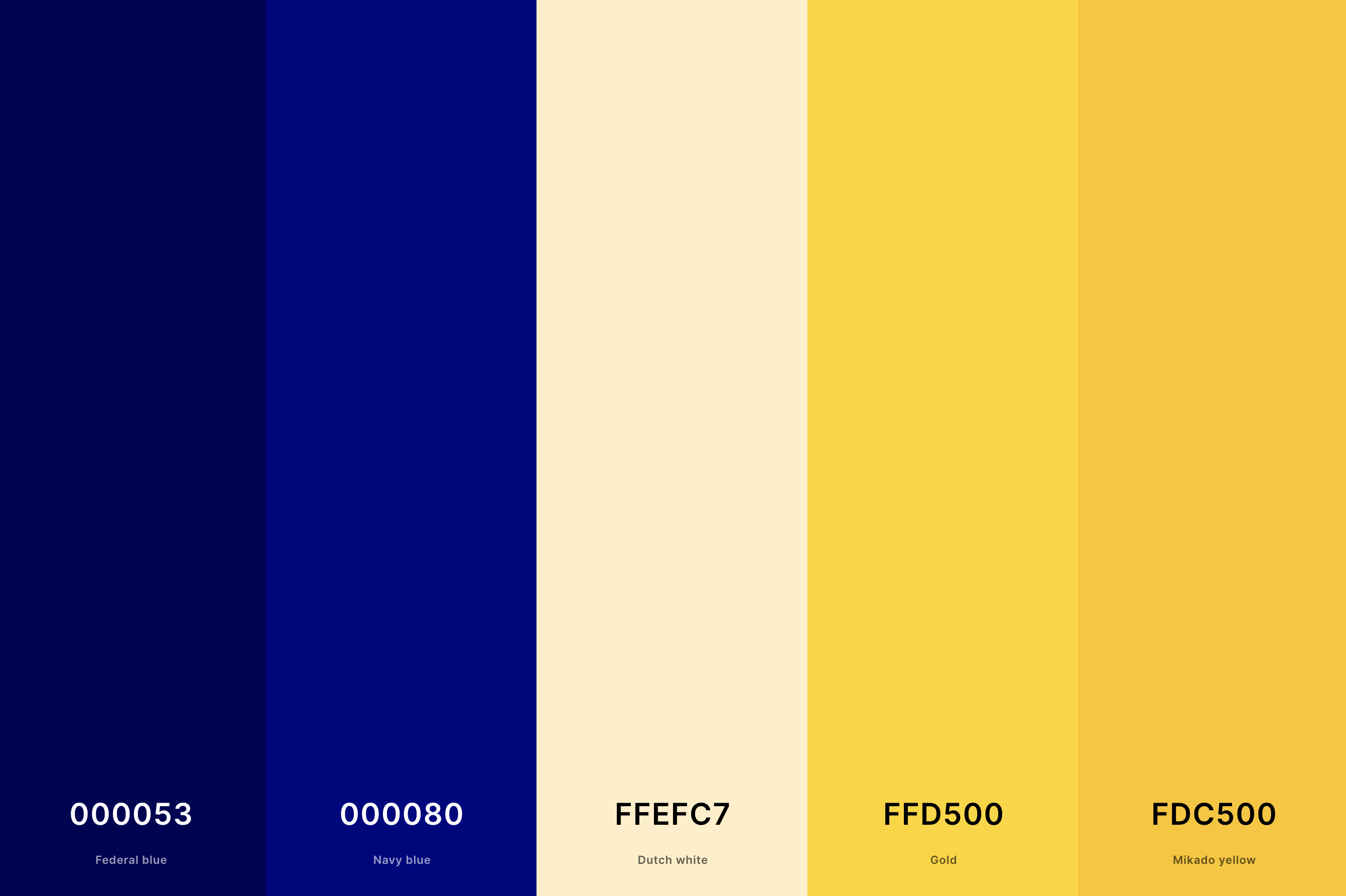 15. Navy Blue And Yellow Color Palette Color Palette with Federal Blue (Hex #000053) + Navy Blue (Hex #000080) + Dutch White (Hex #FFEFC7) + Gold (Hex #FFD500) + Mikado Yellow (Hex #FDC500) Color Palette with Hex Codes