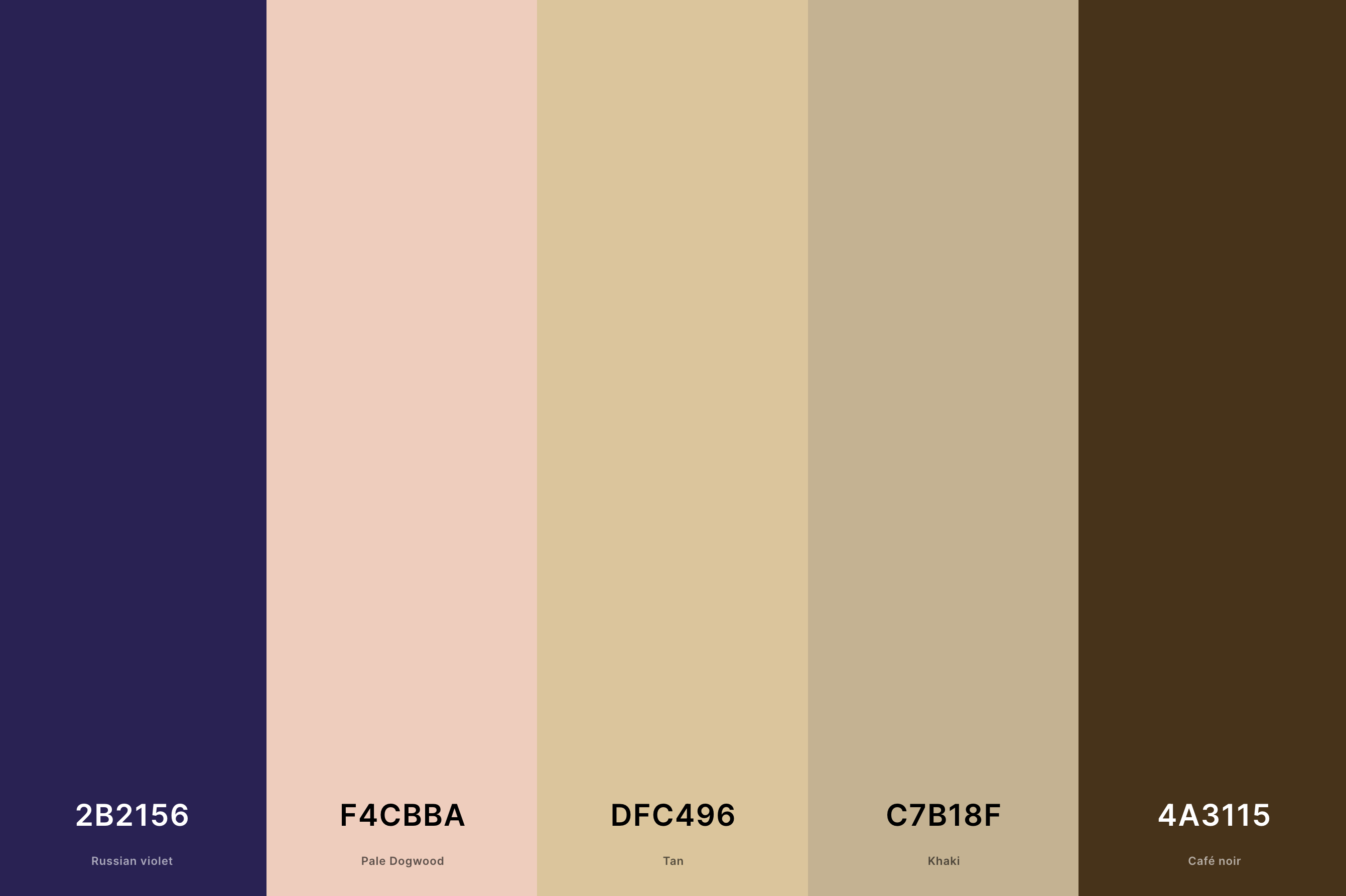 15. Neutral Clothing Color Palette  Color Palette with Russian Violet (Hex #2B2156) + Pale Dogwood (Hex #F4CBBA) + Tan (Hex #DFC496) + Khaki (Hex #C7B18F) + Café Noir (Hex #4A3115) Color Palette with Hex Codes