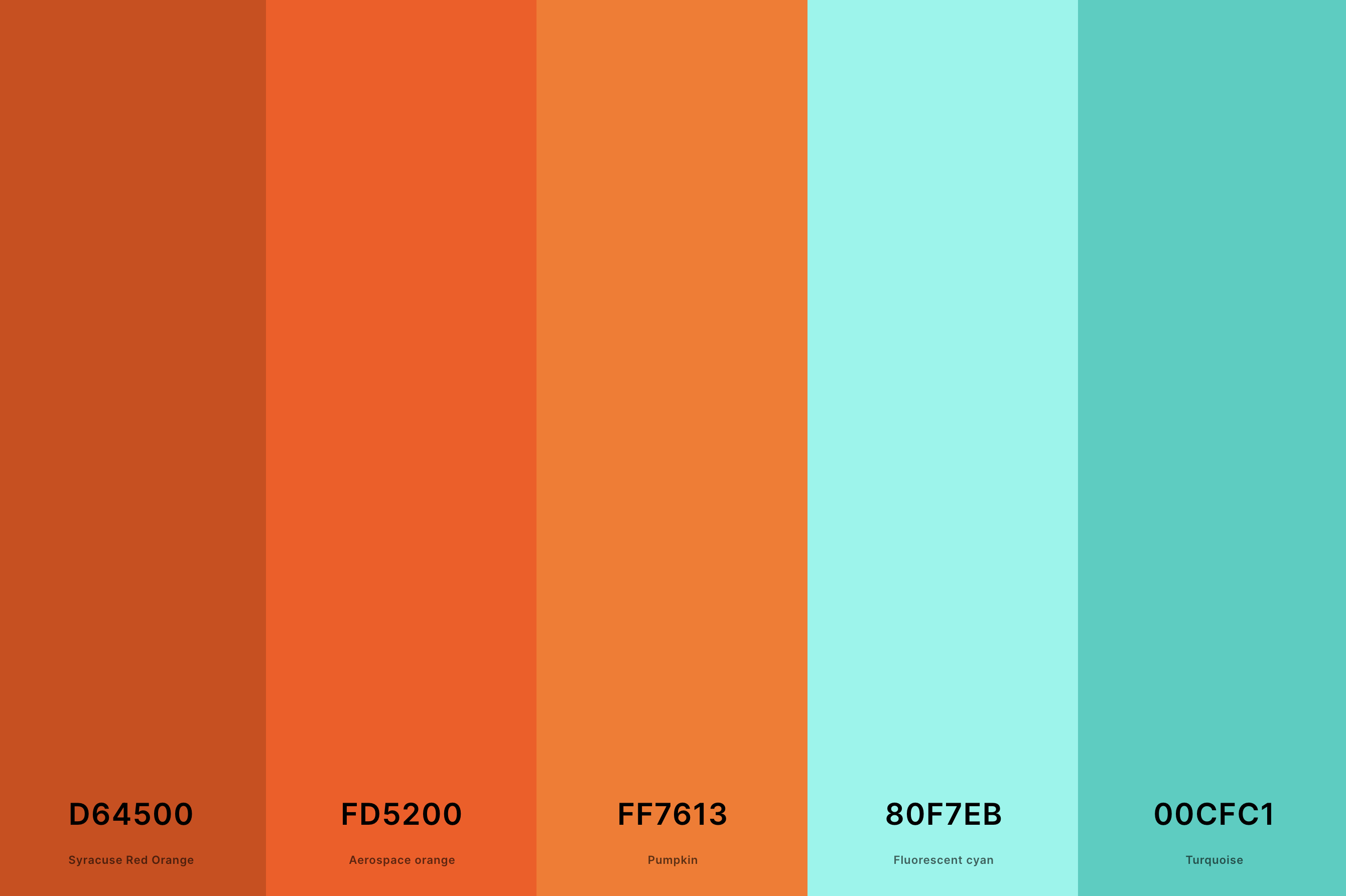 15. Orange And Turquoise Color Palette Color Palette with Syracuse Red Orange (Hex #D64500) + Aerospace Orange (Hex #FD5200) + Pumpkin (Hex #FF7613) + Fluorescent Cyan (Hex #80F7EB) + Turquoise (Hex #00CFC1) Color Palette with Hex Codes