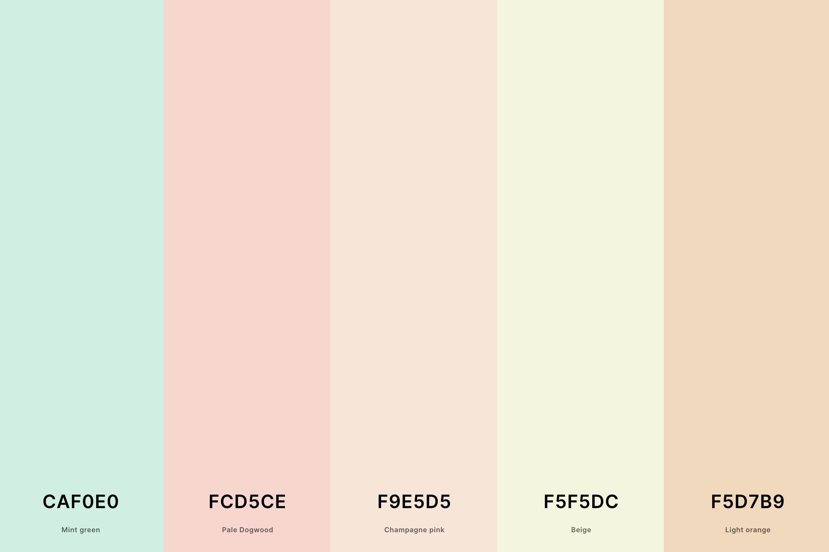15. Pastel Beige Color Palette Color Palette with Mint Green (Hex #CAF0E0) + Pale Dogwood (Hex #FCD5CE) + Champagne Pink (Hex #F9E5D5) + Beige (Hex #F5F5DC) + Light Orange (Hex #F5D7B9) Color Palette with Hex Codes