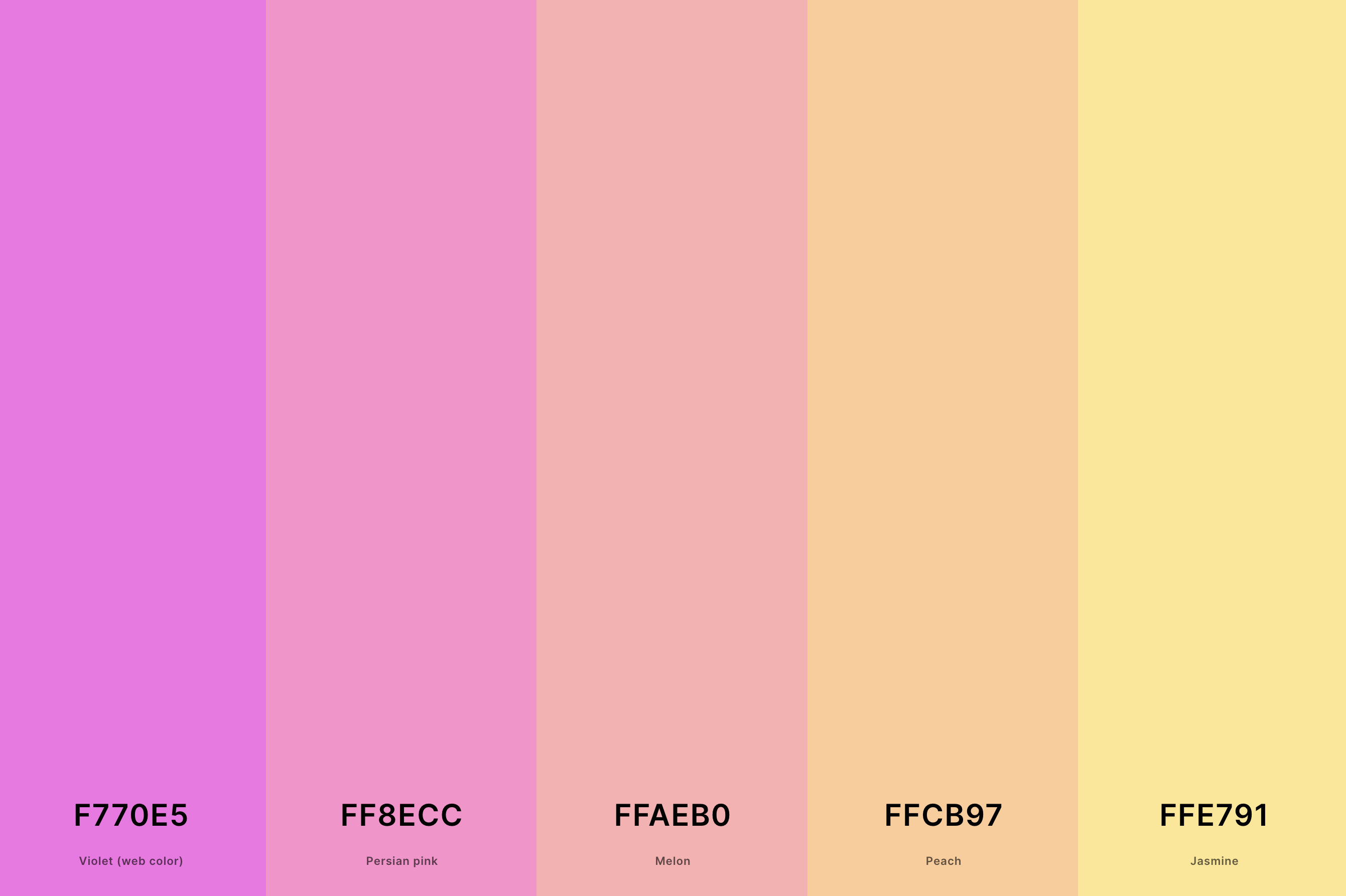 15. Pastel Sunset Color Palette Color Palette with Violet (Web Color) (Hex #F770E5) + Persian Pink (Hex #FF8ECC) + Melon (Hex #FFAEB0) + Peach (Hex #FFCB97) + Jasmine (Hex #FFE791) Color Palette with Hex Codes