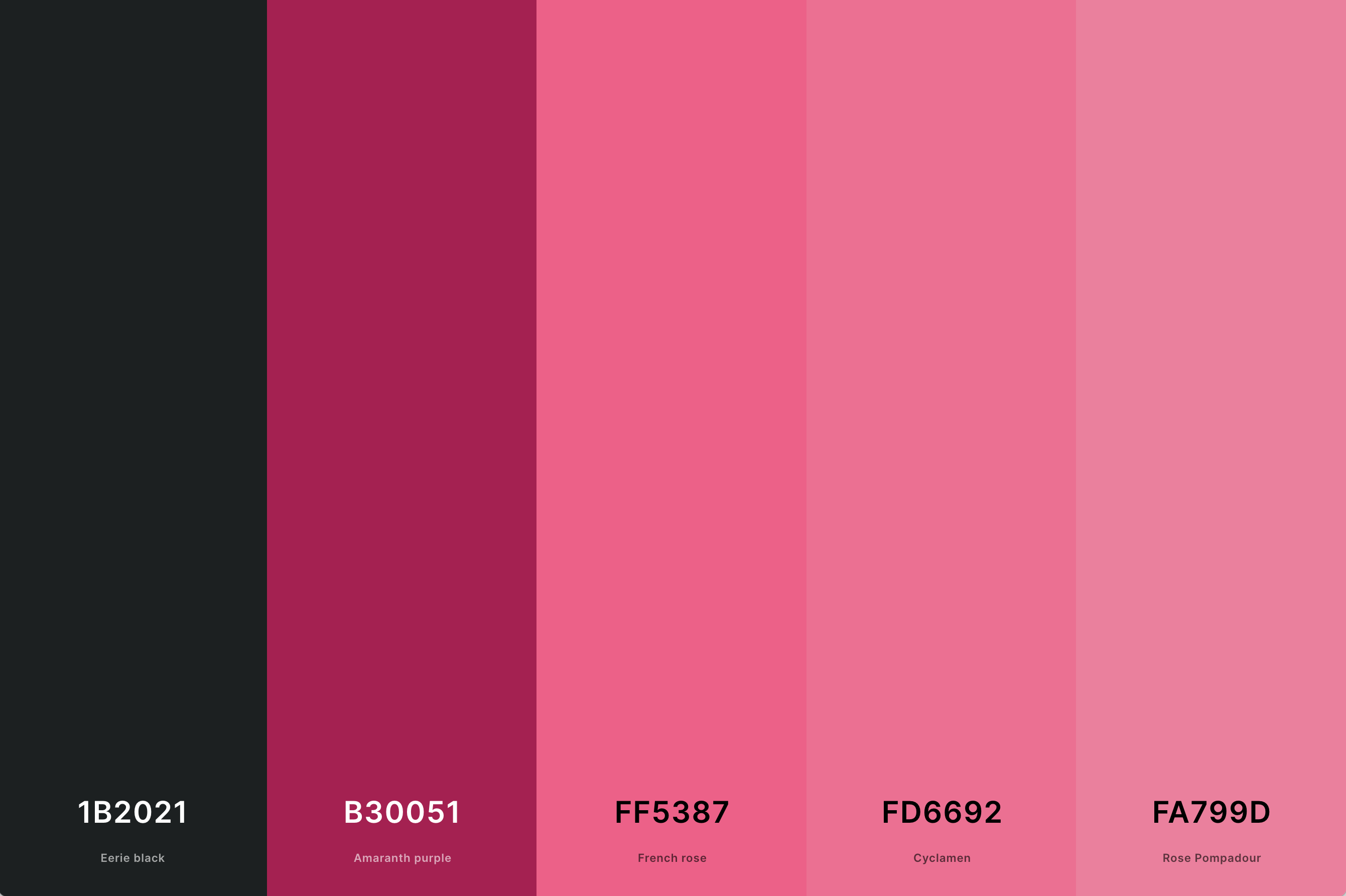 15. Pink And Black Color Palette Color Palette with Eerie Black (Hex #1B2021) + Amaranth Purple (Hex #B30051) + French Rose (Hex #FF5387) + Cyclamen (Hex #FD6692) + Rose Pompadour (Hex #FA799D) Color Palette with Hex Codes