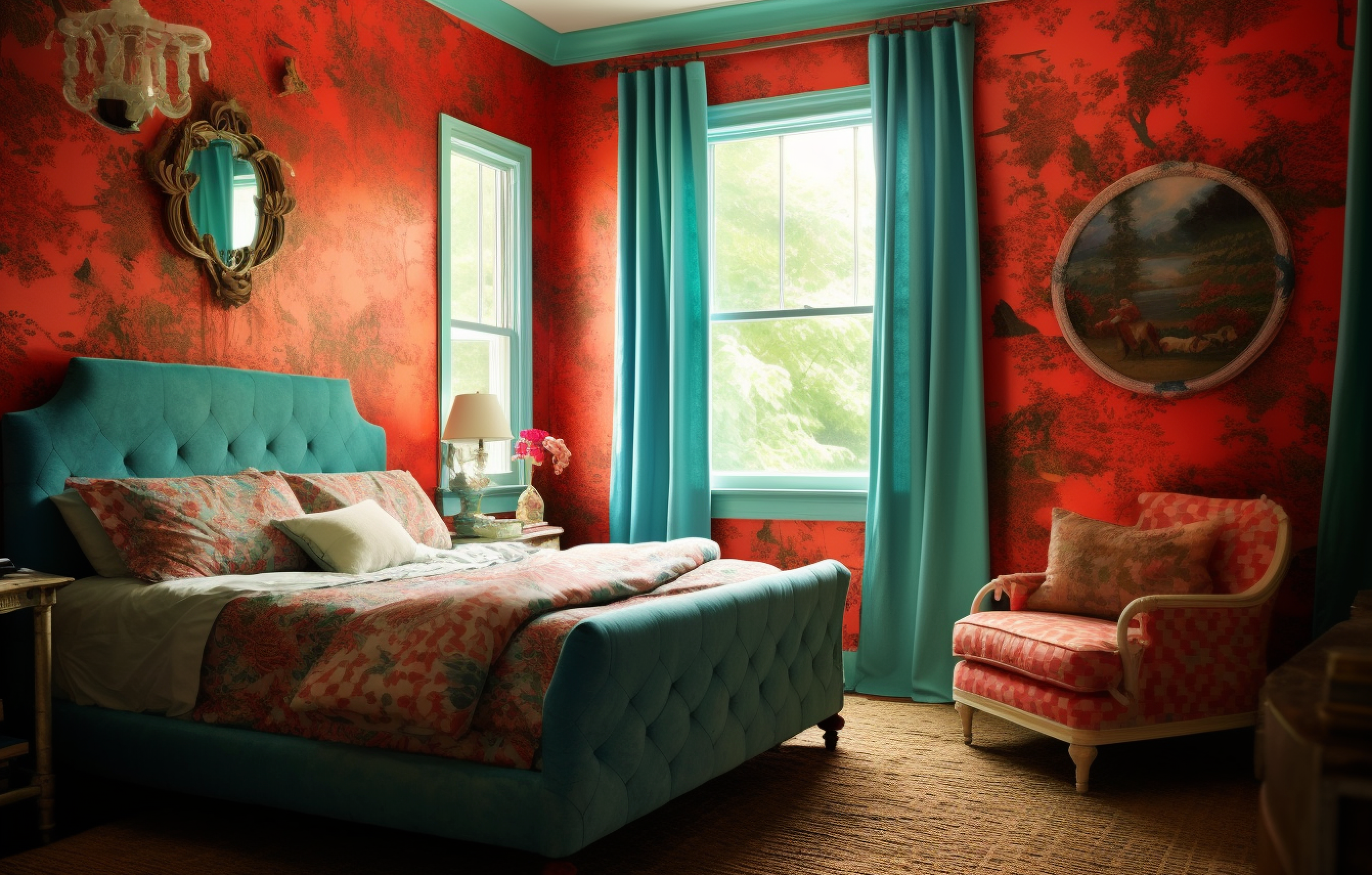15. Red and Teal Color Scheme - Eclectic Bedroom