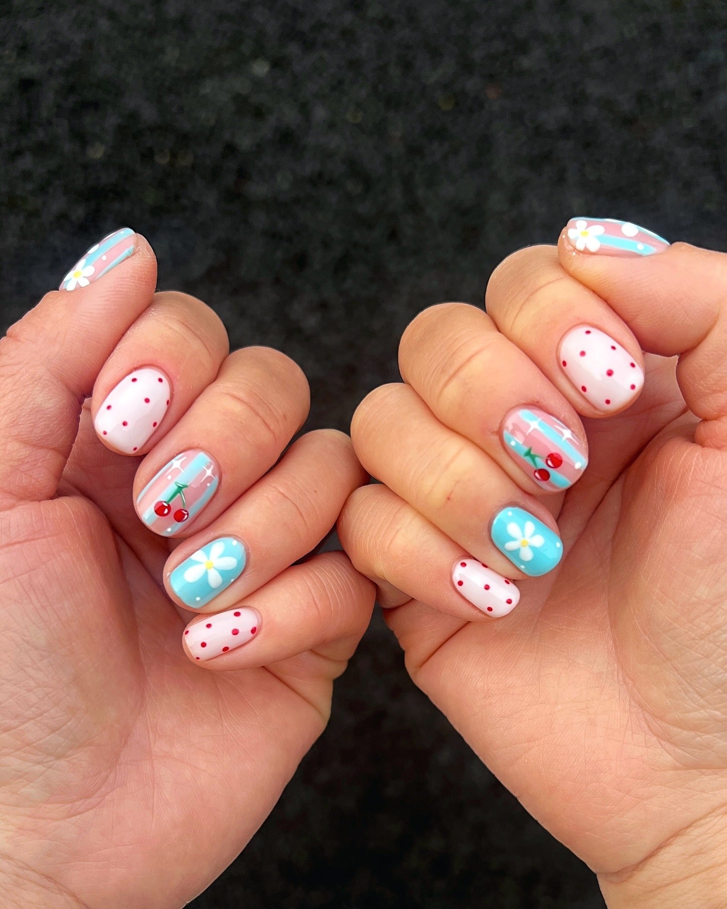 15. Retro Cherry Picnic Nails (Nail Ideas for Short Nails)