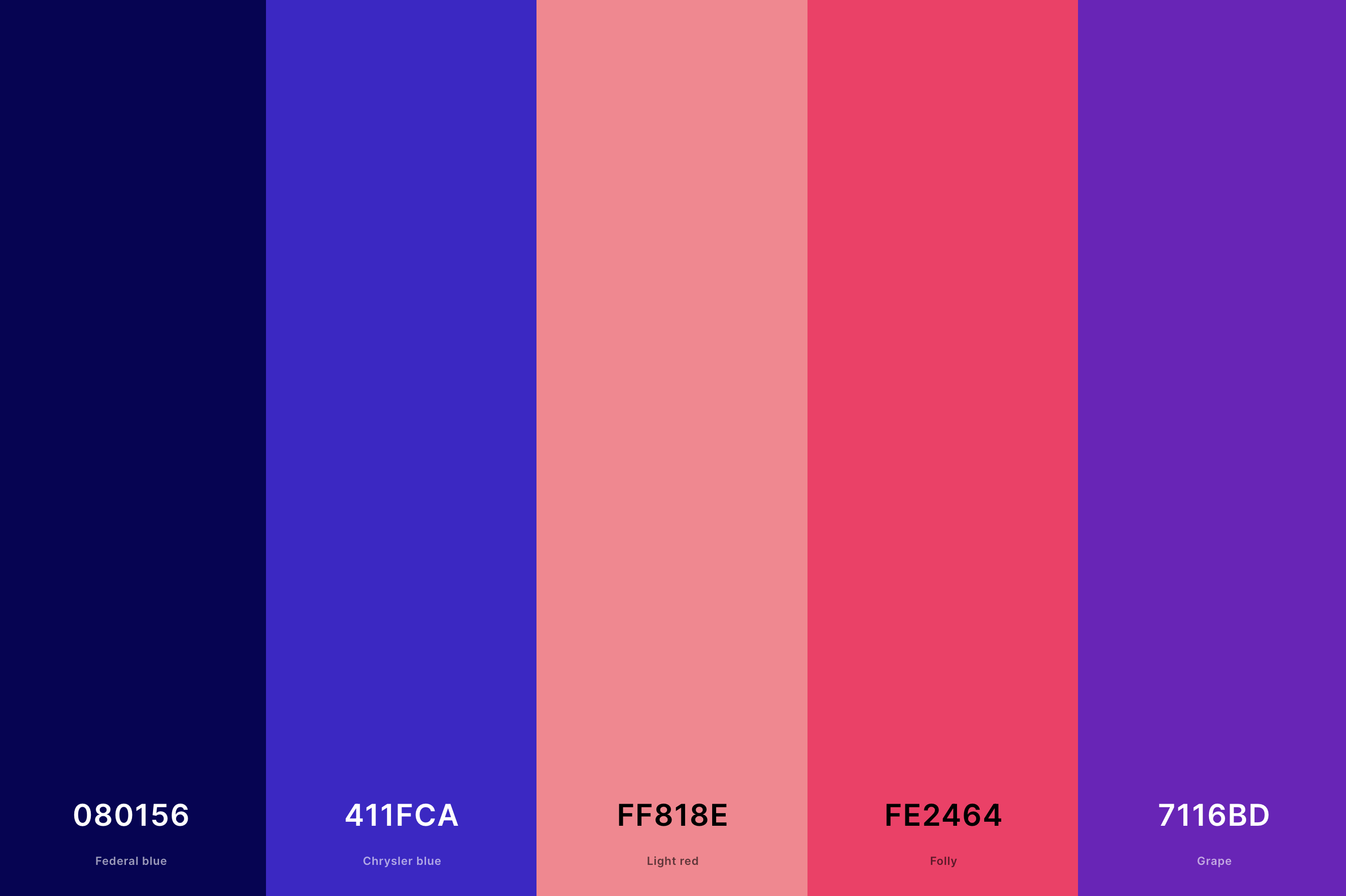 15. Retro Futuristic Color Palette Color Palette with Federal Blue (Hex #080156) + Chrysler Blue (Hex #411FCA) + Light Red (Hex #FF818E) + Folly (Hex #FE2464) + Grape (Hex #7116BD) Color Palette with Hex Codes