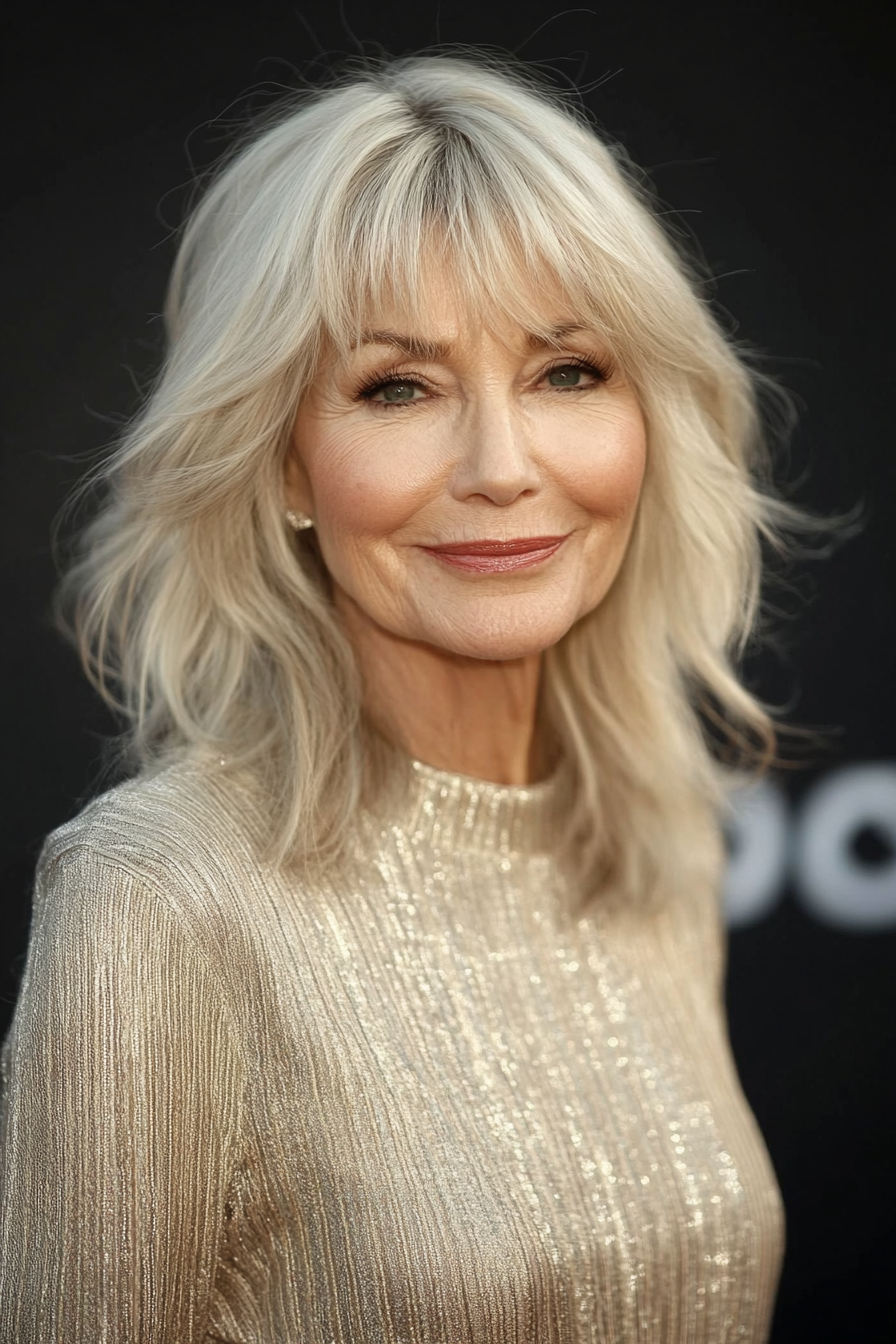 15. Sandy Blonde Layered Cut with Feathered Bangs (Hairstyles For Older Women With Bangs) - Hairstyles For Older Women With Bangs