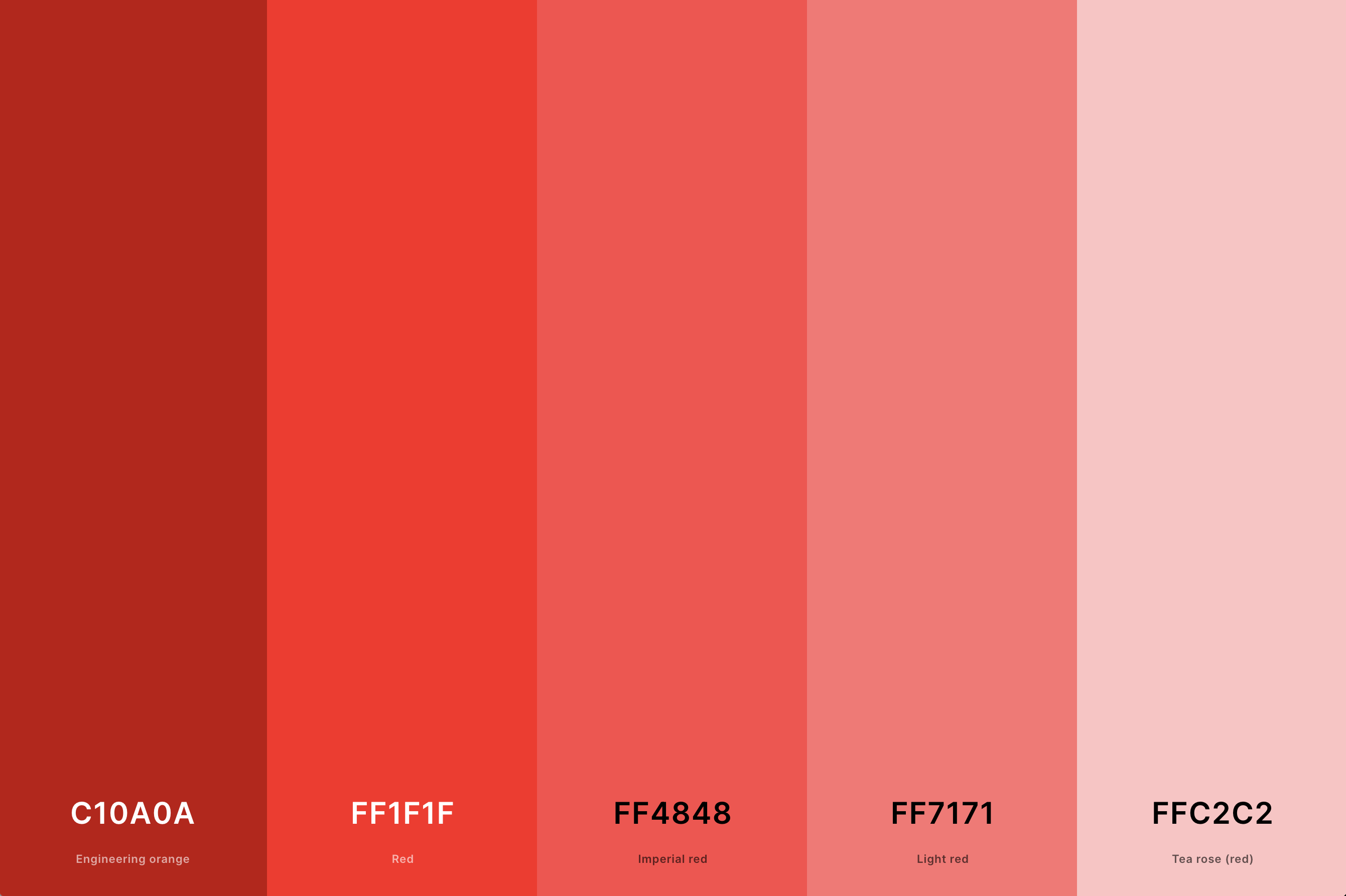 15. Shades Of Red Color Palette Color Palette with Engineering Orange (Hex #C10A0A) + Red (Hex #FF1F1F) + Imperial Red (Hex #FF4848) + Light Red (Hex #FF7171) + Tea Rose (Red) (Hex #FFC2C2) Color Palette with Hex Codes