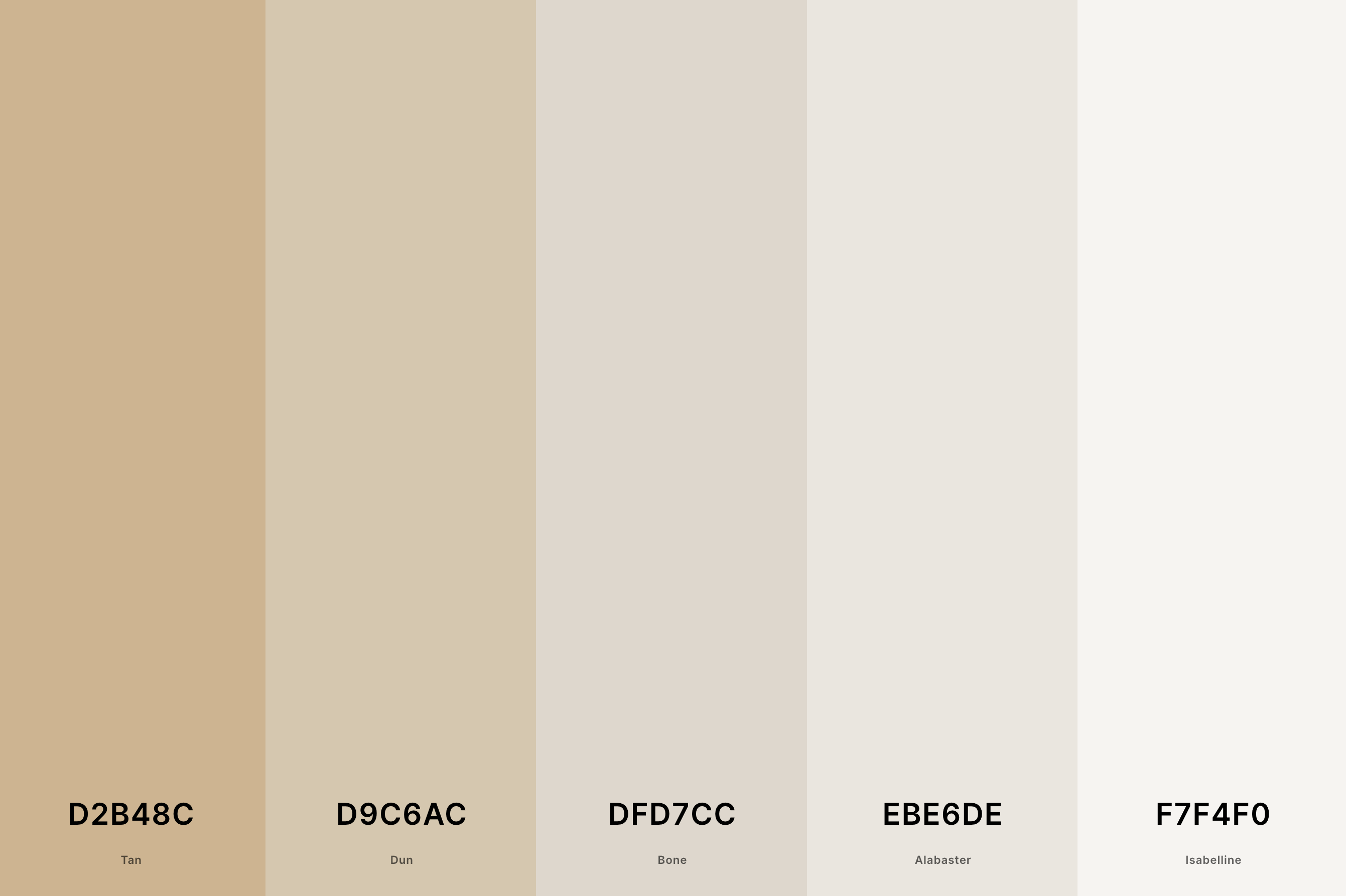 15. Tan And White Color Palette Color Palette with Tan (Hex #D2B48C) + Dun (Hex #D9C6AC) + Bone (Hex #DFD7CC) + Alabaster (Hex #EBE6DE) + Isabelline (Hex #F7F4F0) Color Palette with Hex Codes