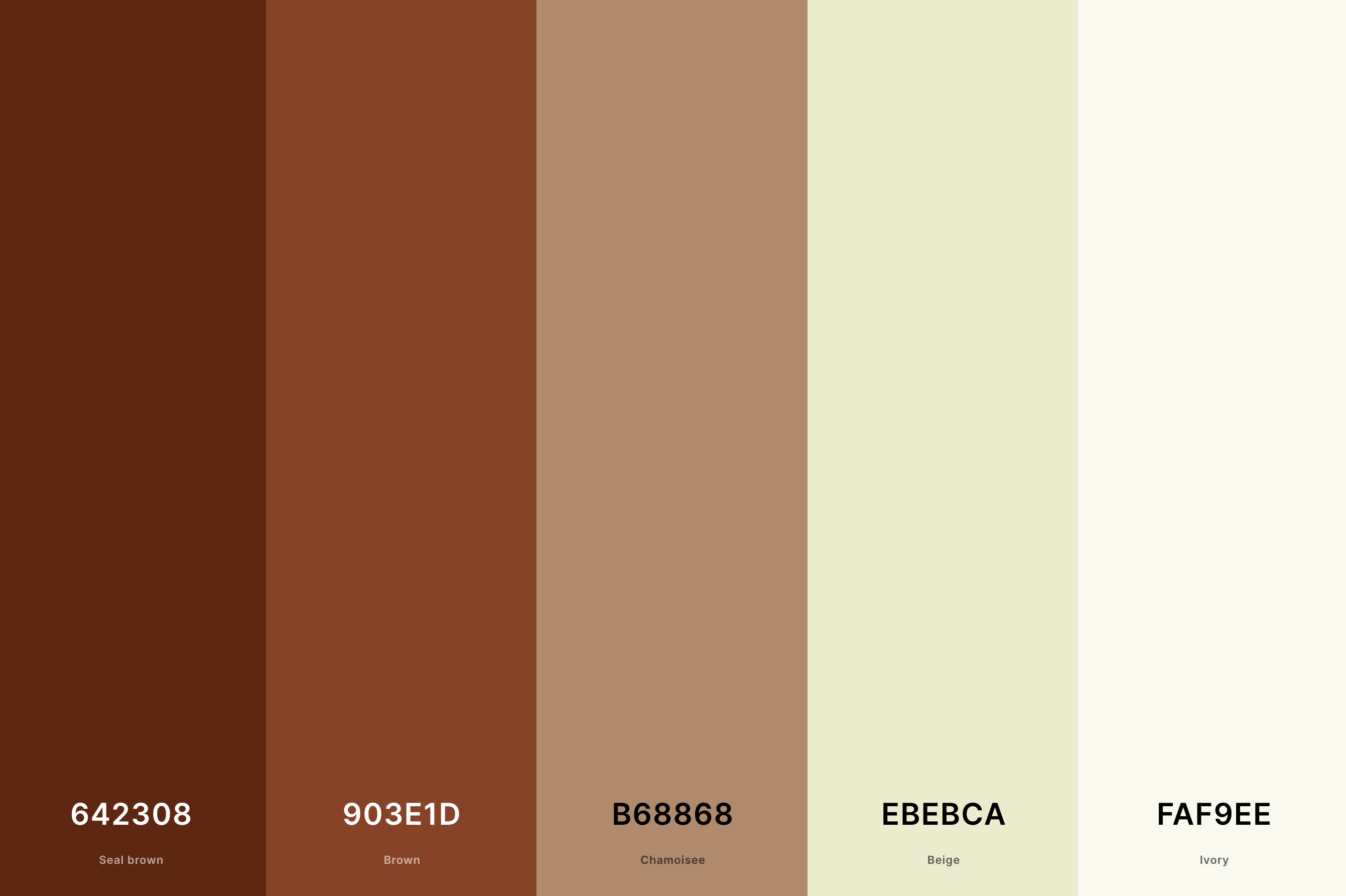 15. Terracotta And Beige Color Palette Color Palette with Seal Brown (Hex #642308) + Brown (Hex #903E1D) + Chamoisee (Hex #B68868) + Beige (Hex #EBEBCA) + Ivory (Hex #FAF9EE) Color Palette with Hex Codes