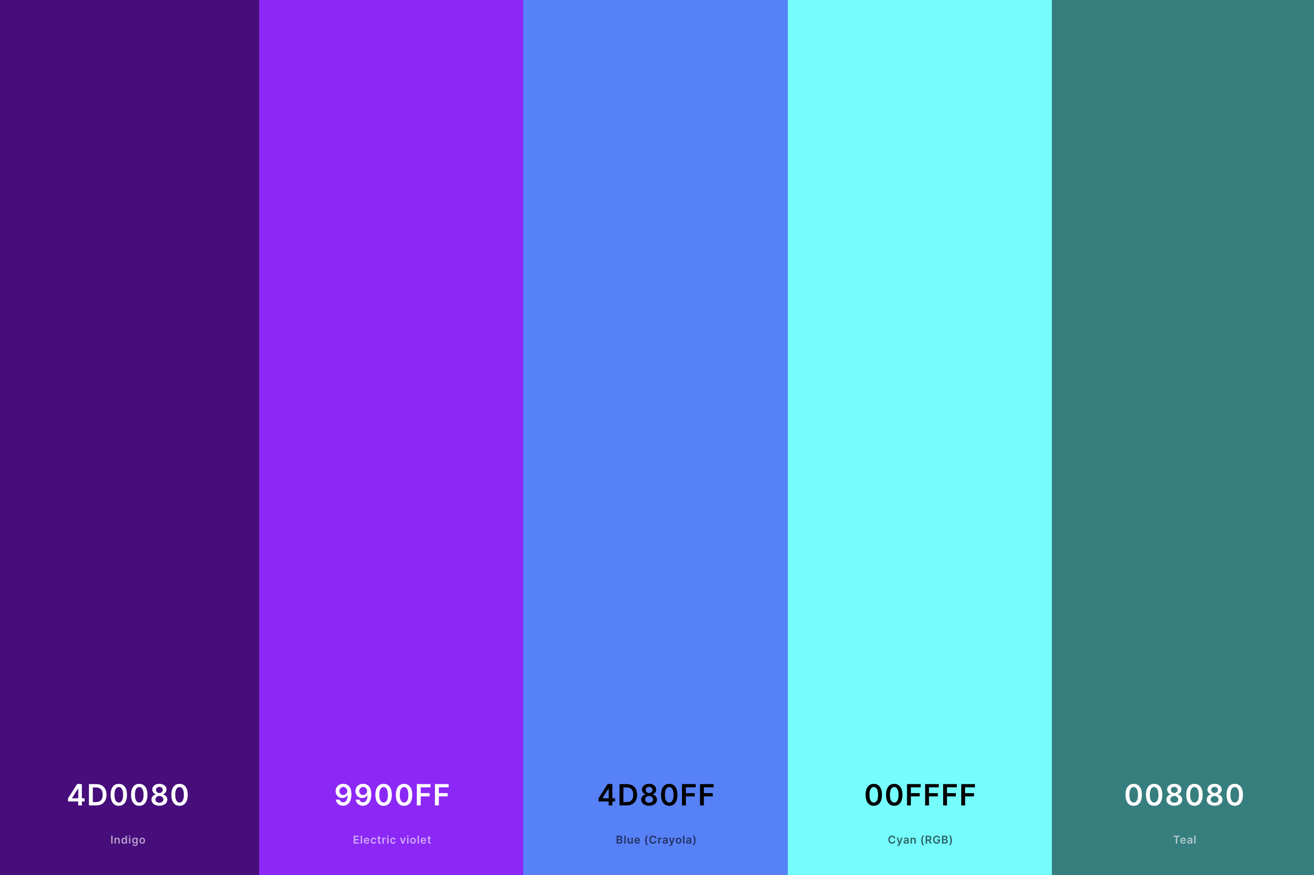 15. Violet And Teal Color Palette Color Palette with Indigo (Hex #4D0080) + Electric Violet (Hex #9900FF) + Blue (Crayola) (Hex #4D80FF) + Cyan (Rgb) (Hex #00FFFF) + Teal (Hex #008080) Color Palette with Hex Codes