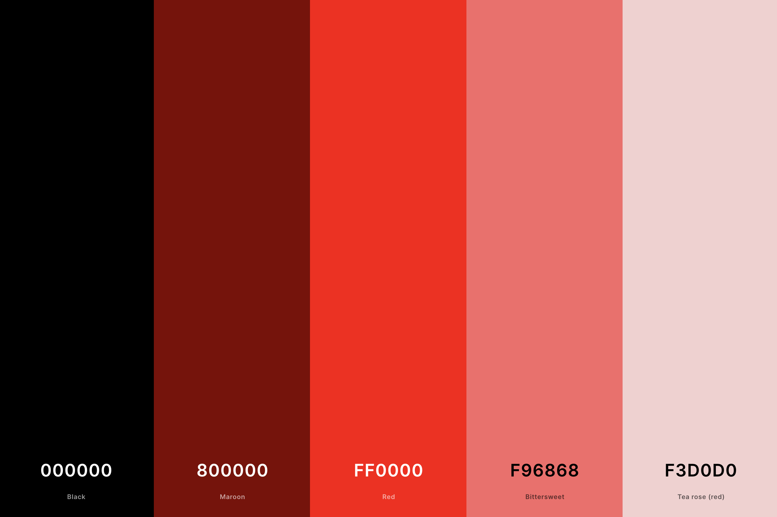 16. Aesthetic Red Color Palette Color Palette with Black (Hex #000000) + Maroon (Hex #800000) + Red (Hex #FF0000) + Bittersweet (Hex #F96868) + Tea Rose (Red) (Hex #F3D0D0) Color Palette with Hex Codes