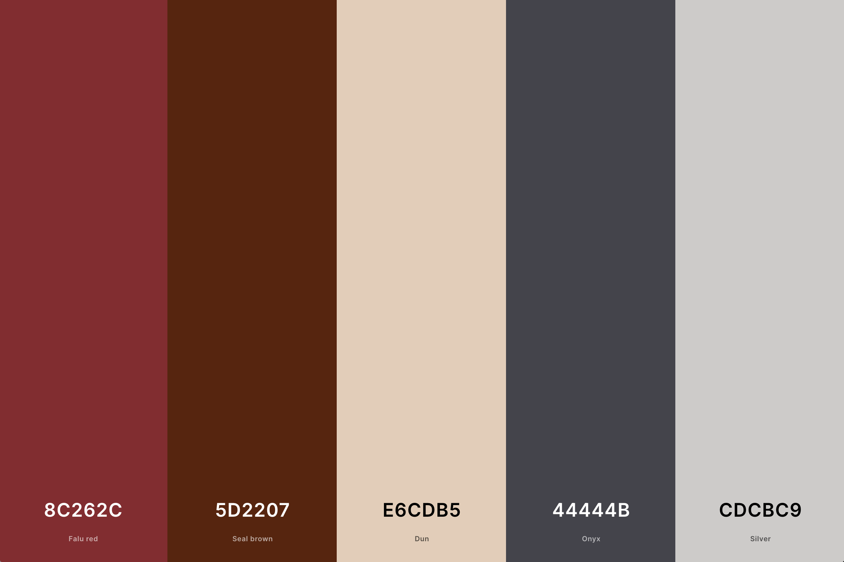 16. Barn Red Color Palette Color Palette with Falu Red (Hex #8C262C) + Seal Brown (Hex #5D2207) + Dun (Hex #E6CDB5) + Onyx (Hex #44444B) + Silver (Hex #CDCBC9) Color Palette with Hex Codes
