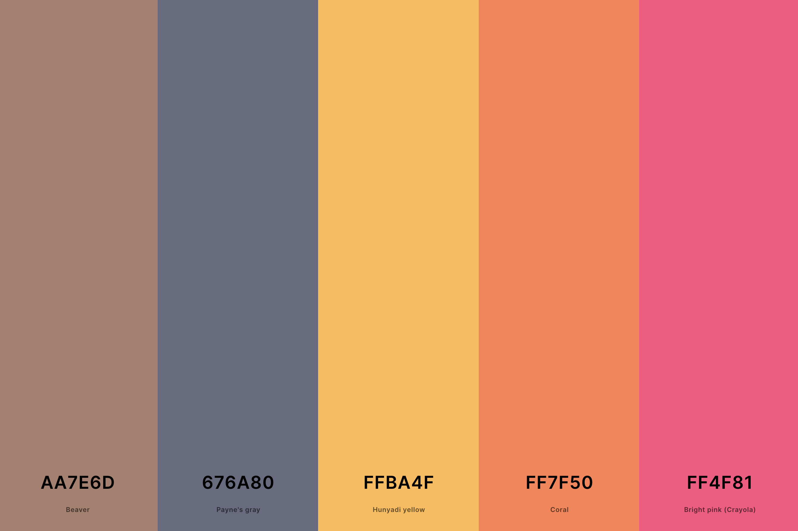 16. Coral Wedding Color Palette Color Palette with Beaver (Hex #AA7E6D) + Payne'S Gray (Hex #676A80) + Hunyadi Yellow (Hex #FFBA4F) + Coral (Hex #FF7F50) + Bright Pink (Crayola) (Hex #FF4F81) Color Palette with Hex Codes