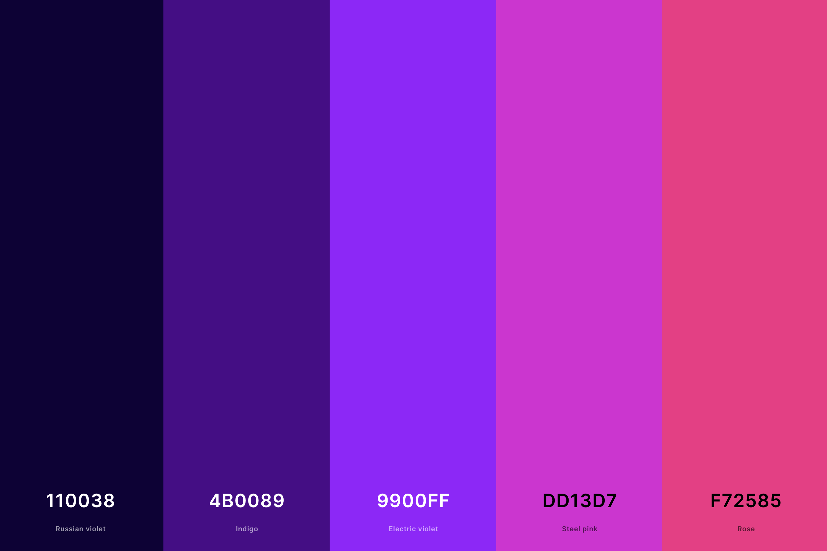 16. Dark Neon Color Palette Color Palette with Russian Violet (Hex #110038) + Indigo (Hex #4B0089) + Electric Violet (Hex #9900FF) + Steel Pink (Hex #DD13D7) + Rose (Hex #F72585) Color Palette with Hex Codes