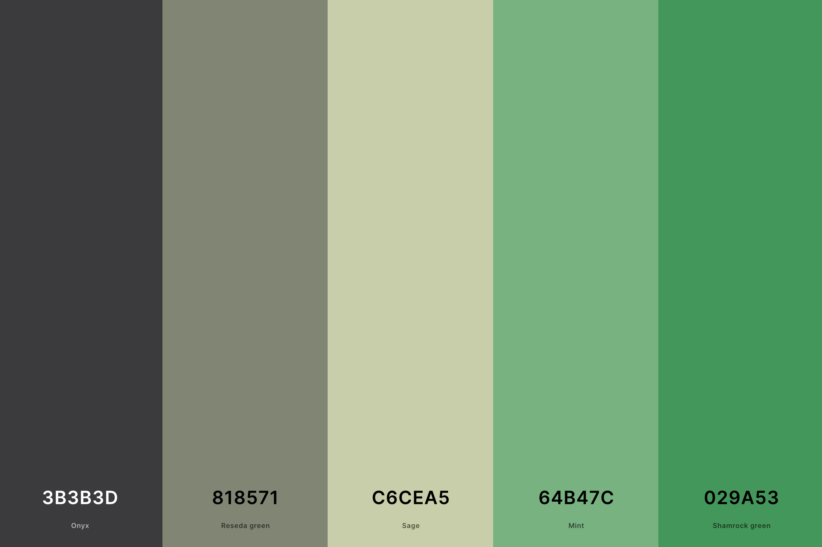 16. Green Retro Color Palette Color Palette with Onyx (Hex #3B3B3D) + Reseda Green (Hex #818571) + Sage (Hex #C6CEA5) + Mint (Hex #64B47C) + Shamrock Green (Hex #029A53) Color Palette with Hex Codes