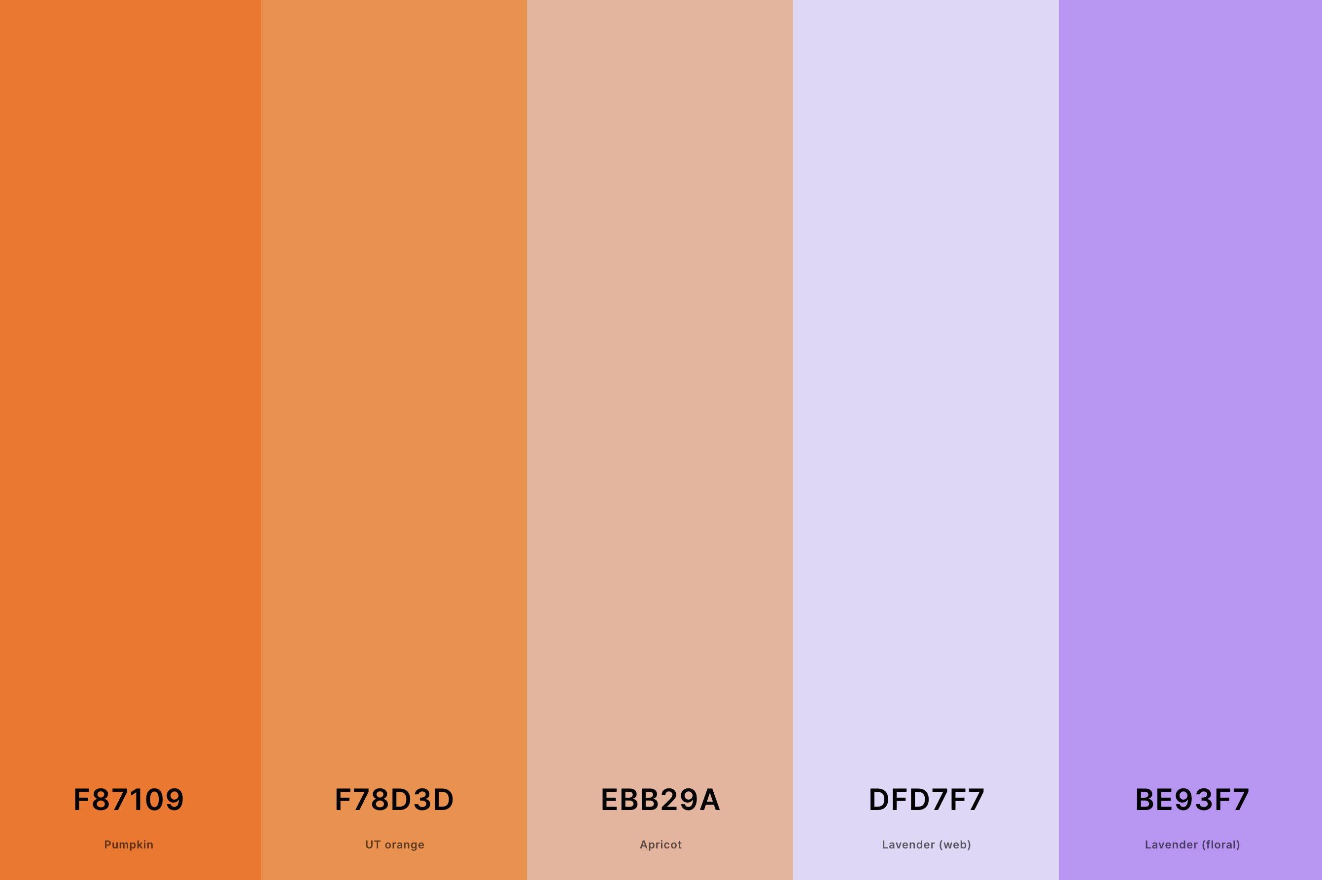 16. Lavender And Orange Color Palette Color Palette with Pumpkin (Hex #F87109) + Ut Orange (Hex #F78D3D) + Apricot (Hex #EBB29A) + Lavender (Web) (Hex #DFD7F7) + Lavender (Floral) (Hex #BE93F7) Color Palette with Hex Codes