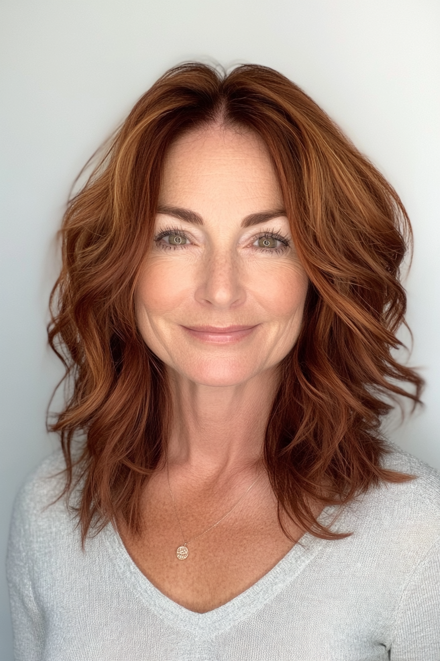 16. Layered Lob with Deep Auburn Highlights (Shoulder Length Hairstyles For Women Over 50) - Shoulder Length Hairstyles For Women Over 50