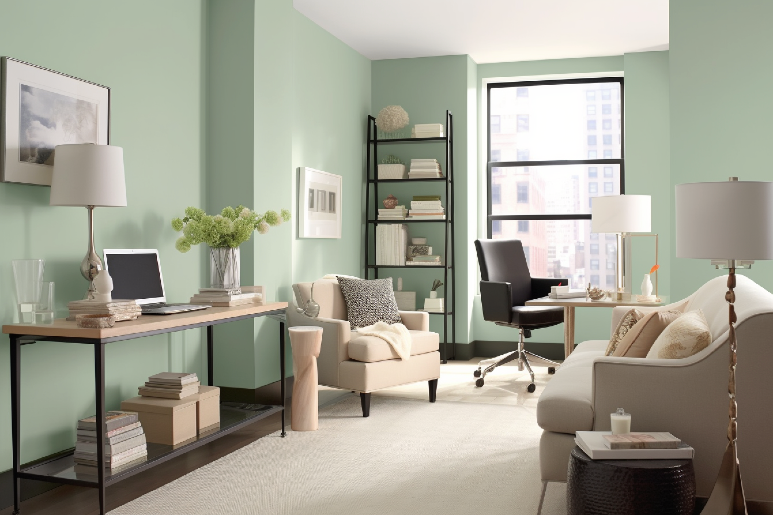 16. Light Green and Gray Cool Scheme. A home office that means business, in light green and sleek gray.