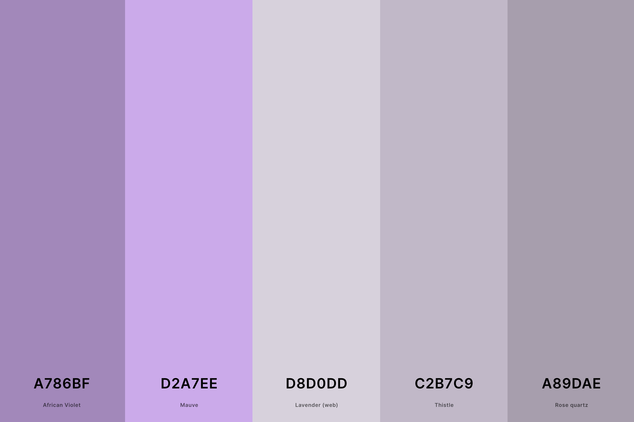 16. Mauve And Grey Color Palette Color Palette with African Violet (Hex #A786BF) + Mauve (Hex #D2A7EE) + Lavender (Web) (Hex #D8D0DD) + Thistle (Hex #C2B7C9) + Rose Quartz (Hex #A89DAE) Color Palette with Hex Codes