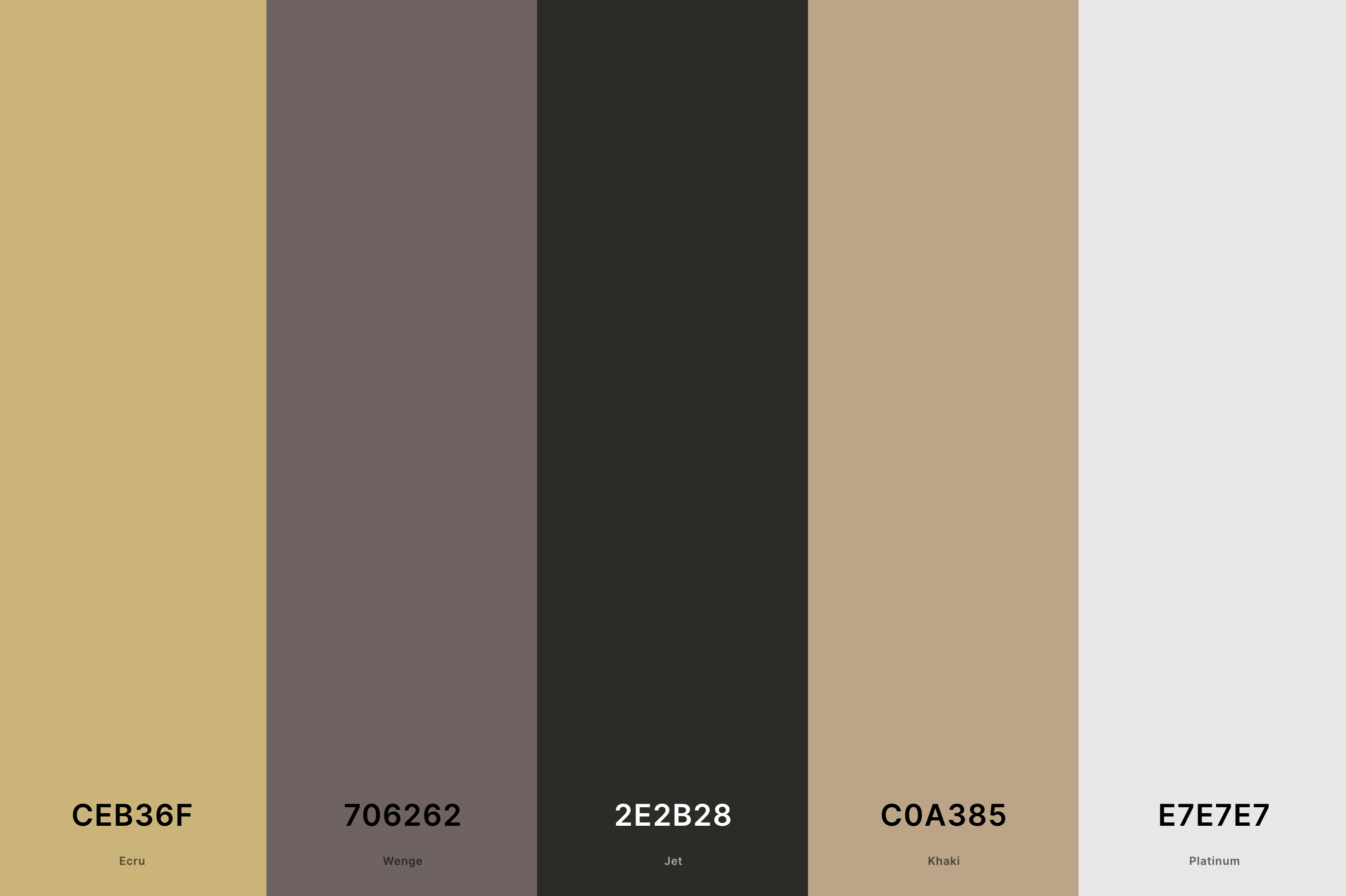 16. Neutral Interior Design Color Palette  Color Palette with Ecru (Hex #CEB36F) + Wenge (Hex #706262) + Jet (Hex #2E2B28) + Khaki (Hex #C0A385) + Platinum (Hex #E7E7E7) Color Palette with Hex Codes