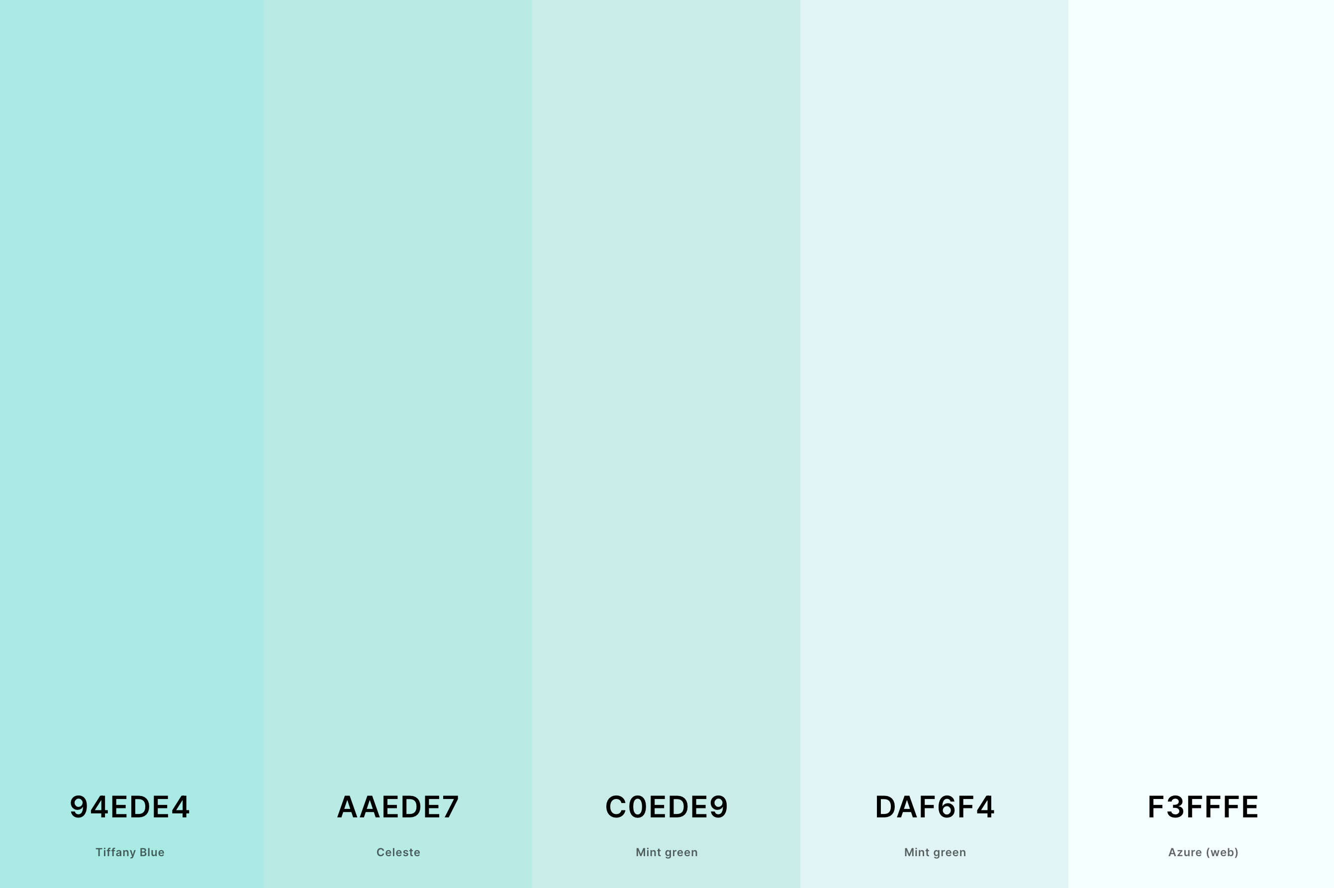 16. Pale Turquoise Color Palette Color Palette with Tiffany Blue (Hex #94EDE4) + Celeste (Hex #AAEDE7) + Mint Green (Hex #C0EDE9) + Mint Green (Hex #DAF6F4) + Azure (Web) (Hex #F3FFFE) Color Palette with Hex Codes