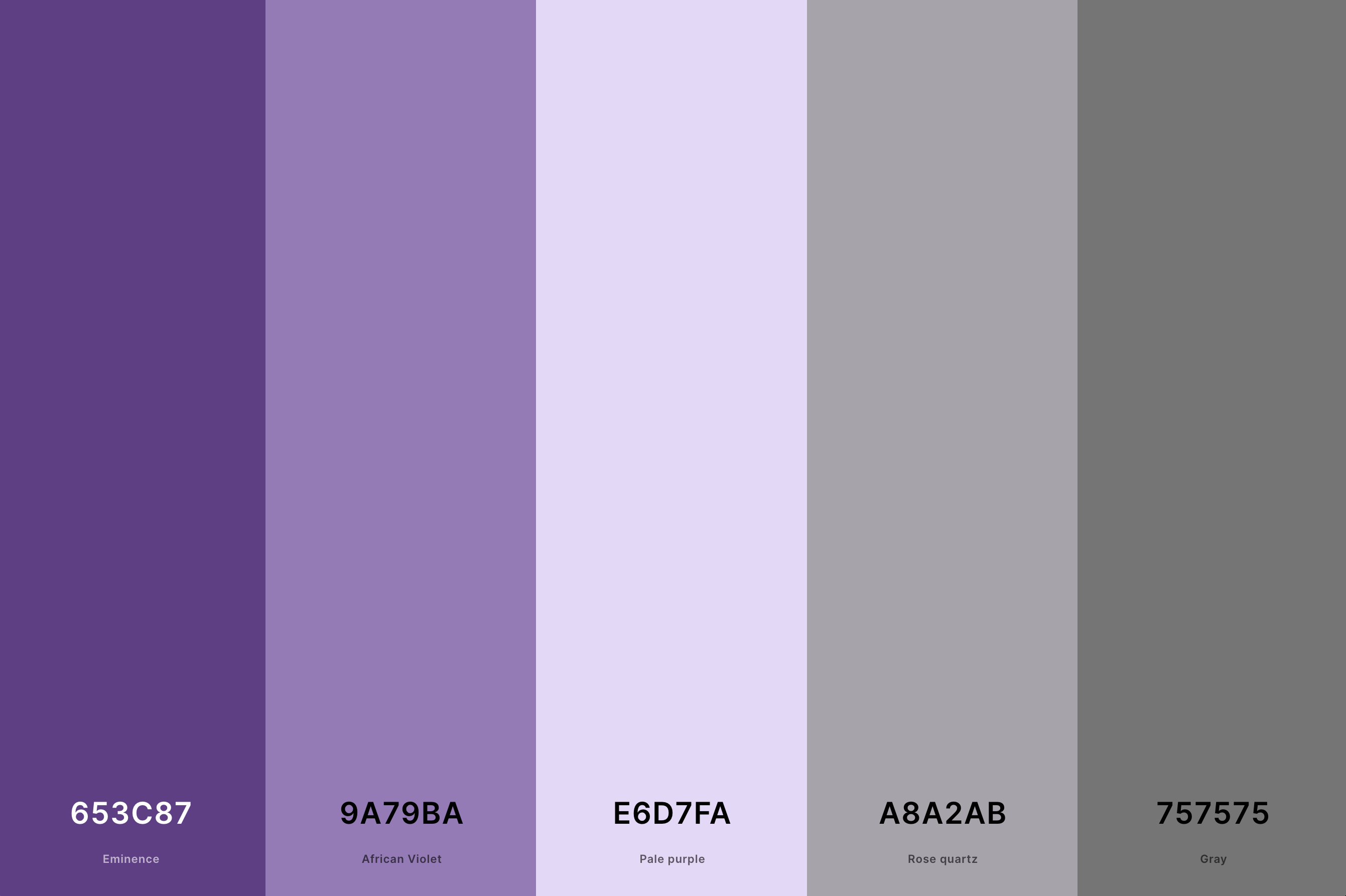 16. Purple And Grey Color Palette Color Palette with Eminence (Hex #653C87) + African Violet (Hex #9A79BA) + Pale Purple (Hex #E6D7FA) + Rose Quartz (Hex #A8A2AB) + Gray (Hex #757575) Color Palette with Hex Codes