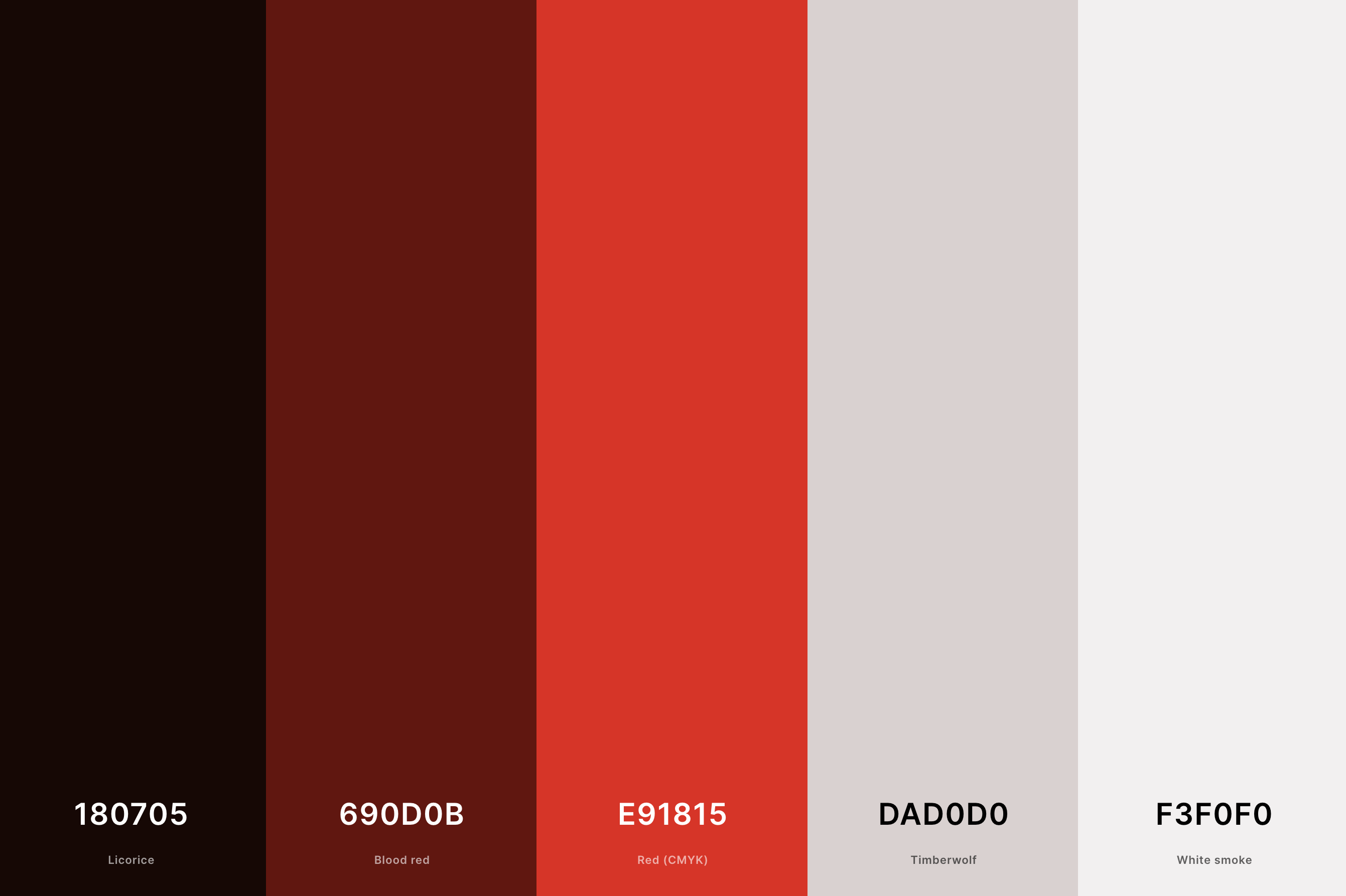 16. Red, Black And White Color Palette Color Palette with Licorice (Hex #180705) + Blood Red (Hex #690D0B) + Red (Cmyk) (Hex #E91815) + Timberwolf (Hex #DAD0D0) + White Smoke (Hex #F3F0F0) Color Palette with Hex Codes