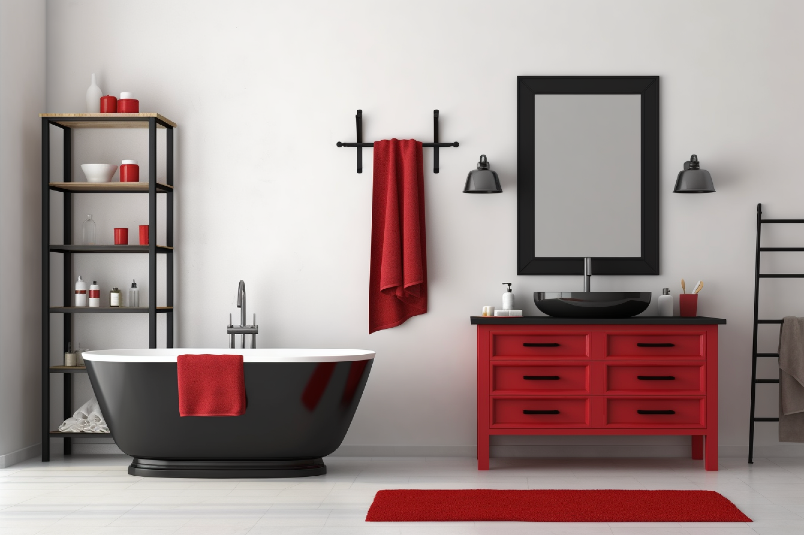 16. Red, Black, and White Color Scheme - Minimalist Bathroom