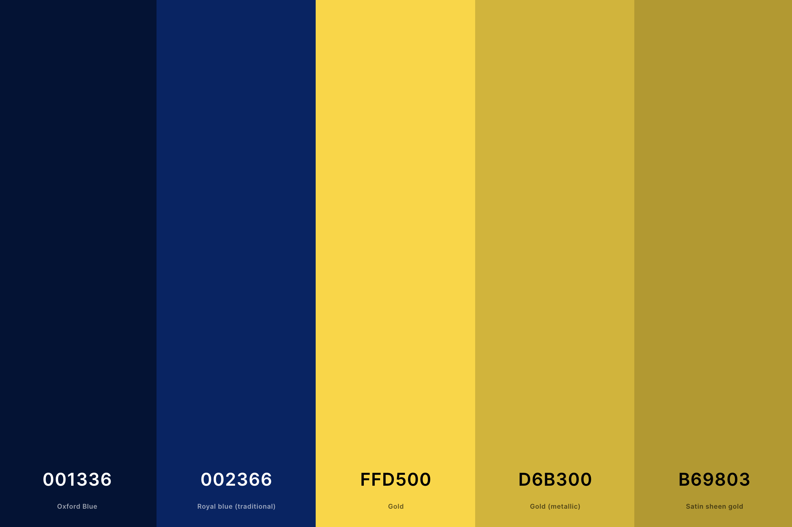16. Royal Blue And Gold Color Palette Color Palette with Oxford Blue (Hex #001336) + Royal Blue (Traditional) (Hex #002366) + Gold (Hex #FFD500) + Gold (Metallic) (Hex #D6B300) + Satin Sheen Gold (Hex #B69803) Color Palette with Hex Codes